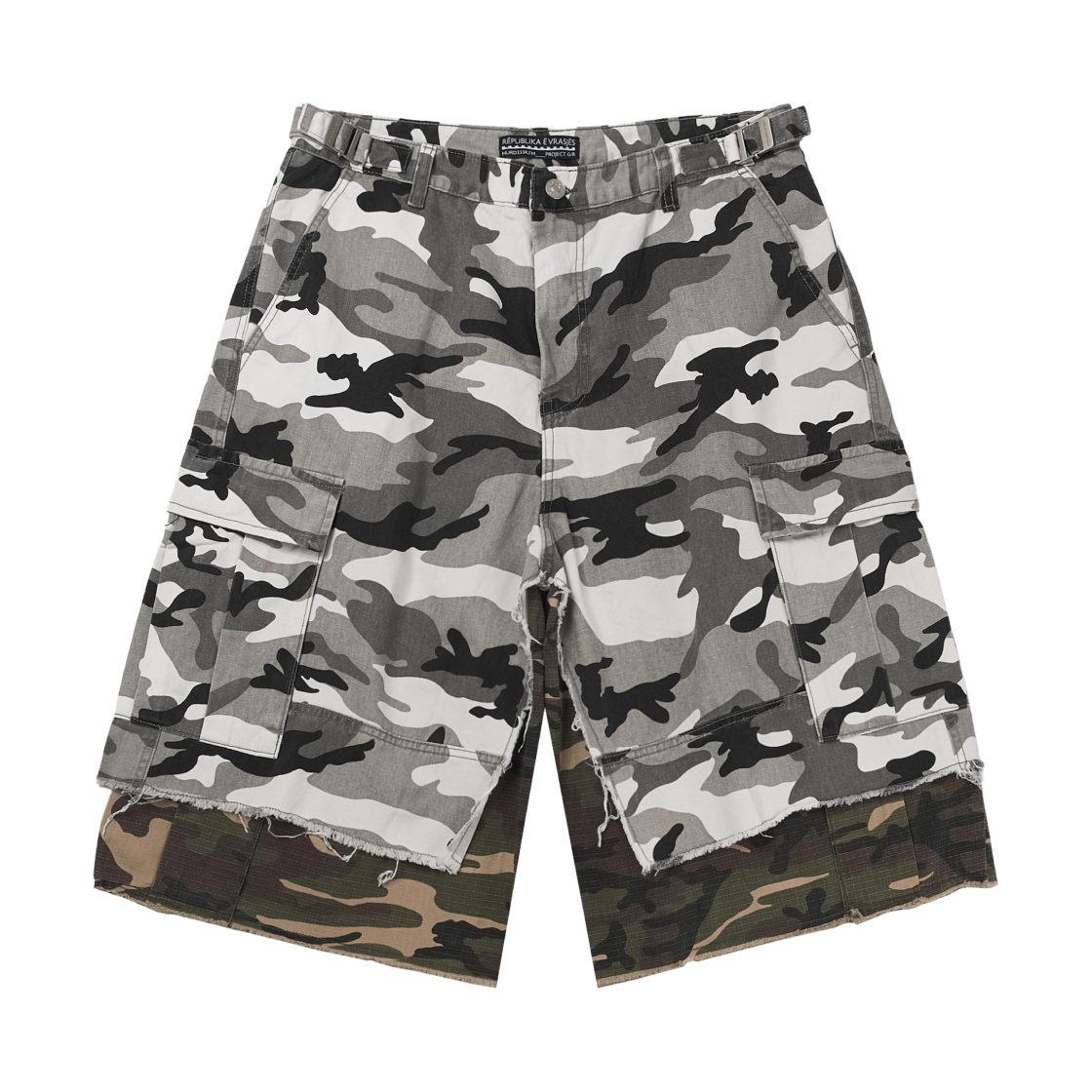 프로젝트 G/R x 엠에프엠333. 레이어드 스커트 카모 카고 쇼츠 멀티 카모(Project G/R x MFM333. Layered Skirt Camo Cargo Shorts Multi Camo)