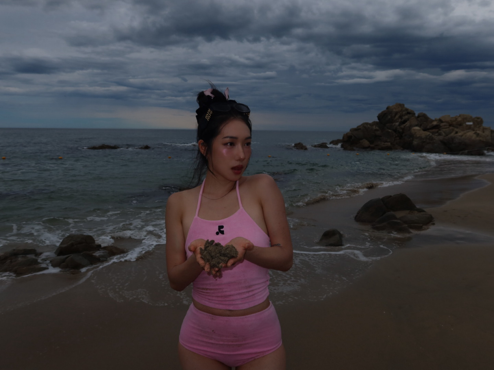 Diagonal Ribbon Shirring Bikini Pink, (W) Open Yy x Hello Kitty Bikini 3 Piece Set Pink 착용 스타일 - 1