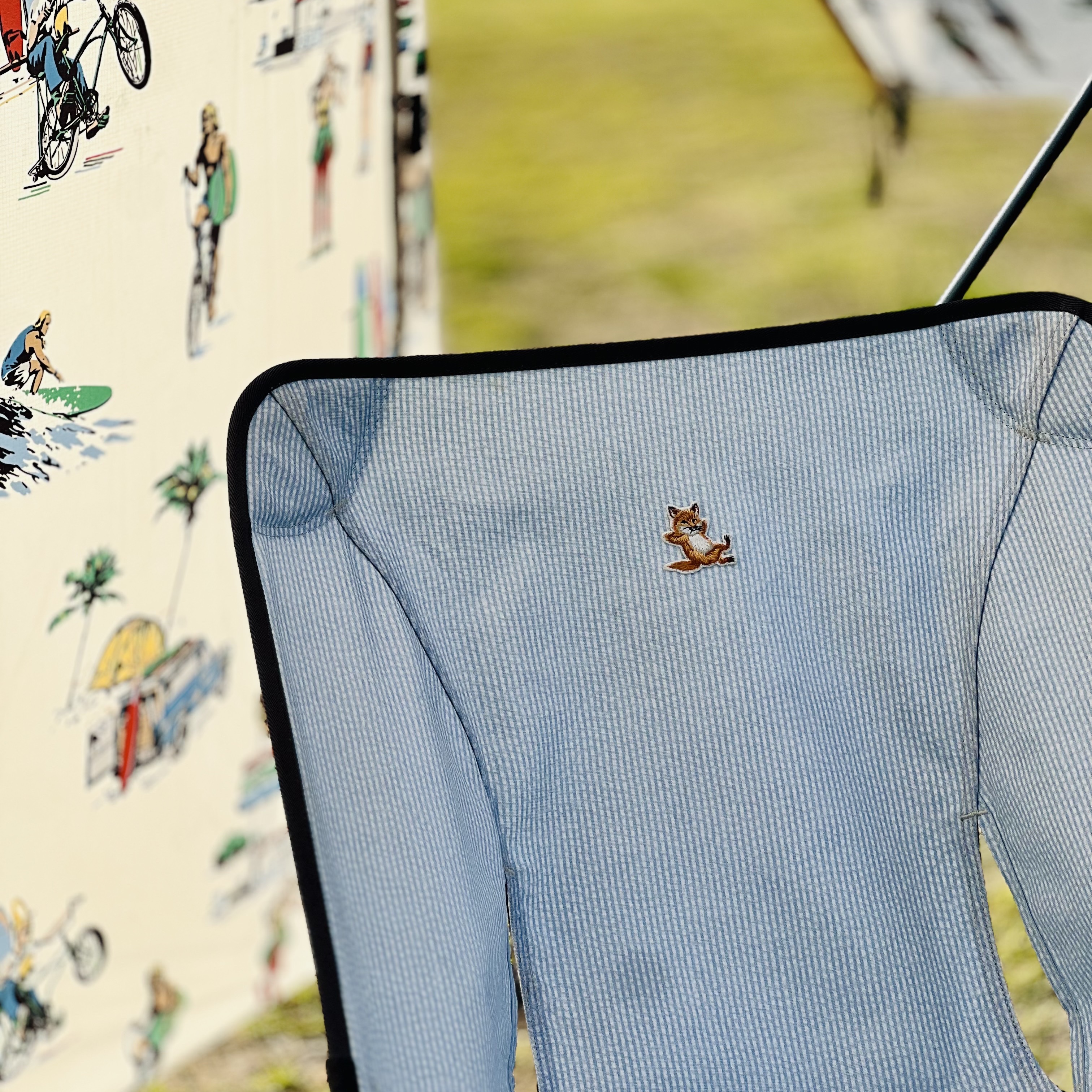 Helinox x Maison Kitsune Chair One, Helinox x Heritagefloss Royal Box Shade HF Pattern 착용 스타일