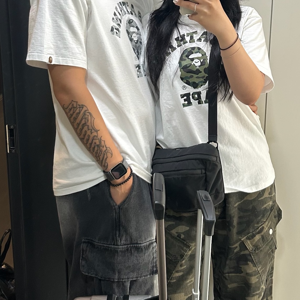 BAPE 1st Camo College T-Shirt White Green, BAPE 1st Camo College T-Shirt White Gray 착용 스타일
