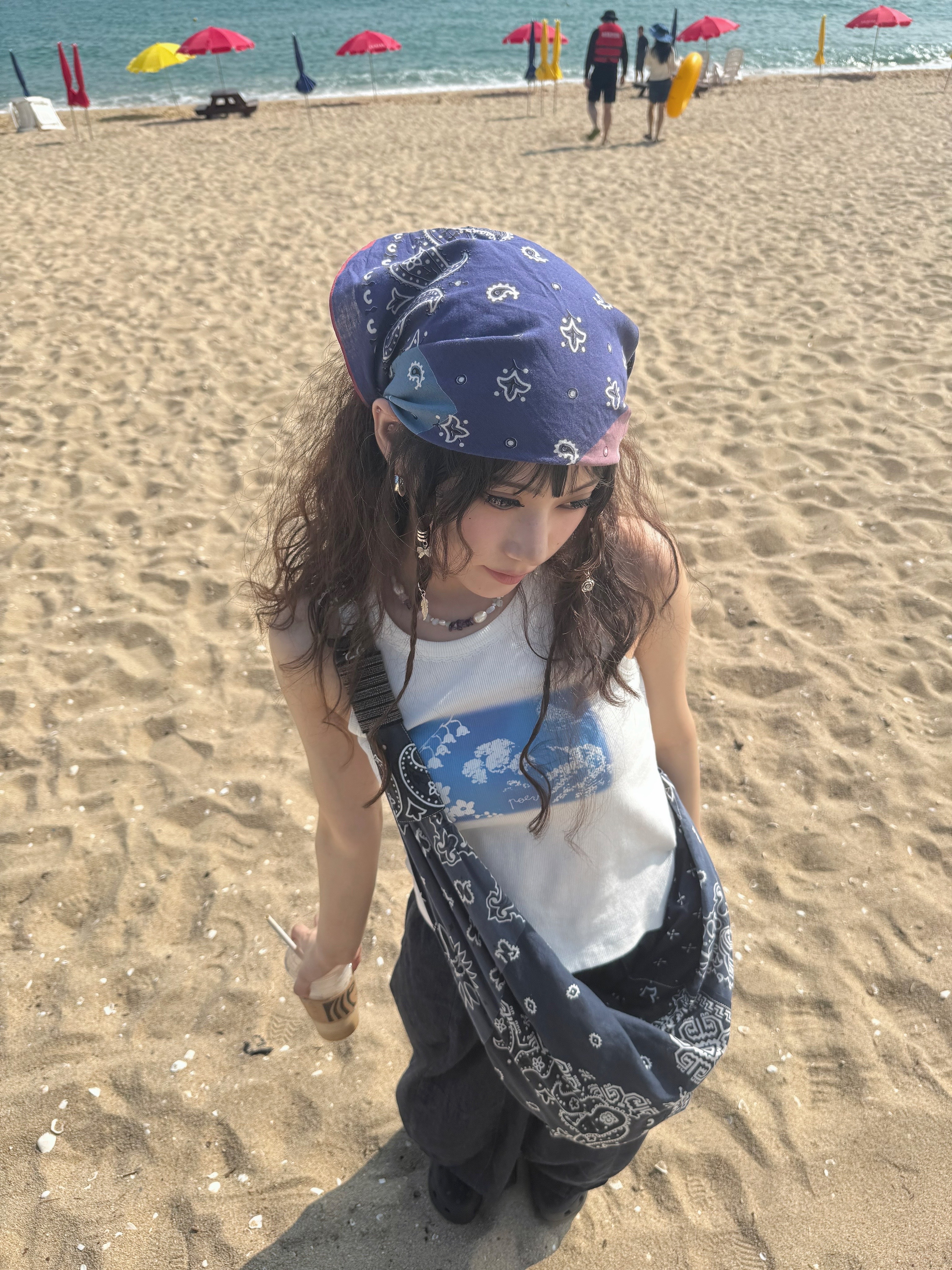 Kapital Gauze Bandana Beach Snuffkin Bag Purple Navy, Kapital Fastcolor Selvedge Bandana Paisley Patchwork Navy 착용 스타일