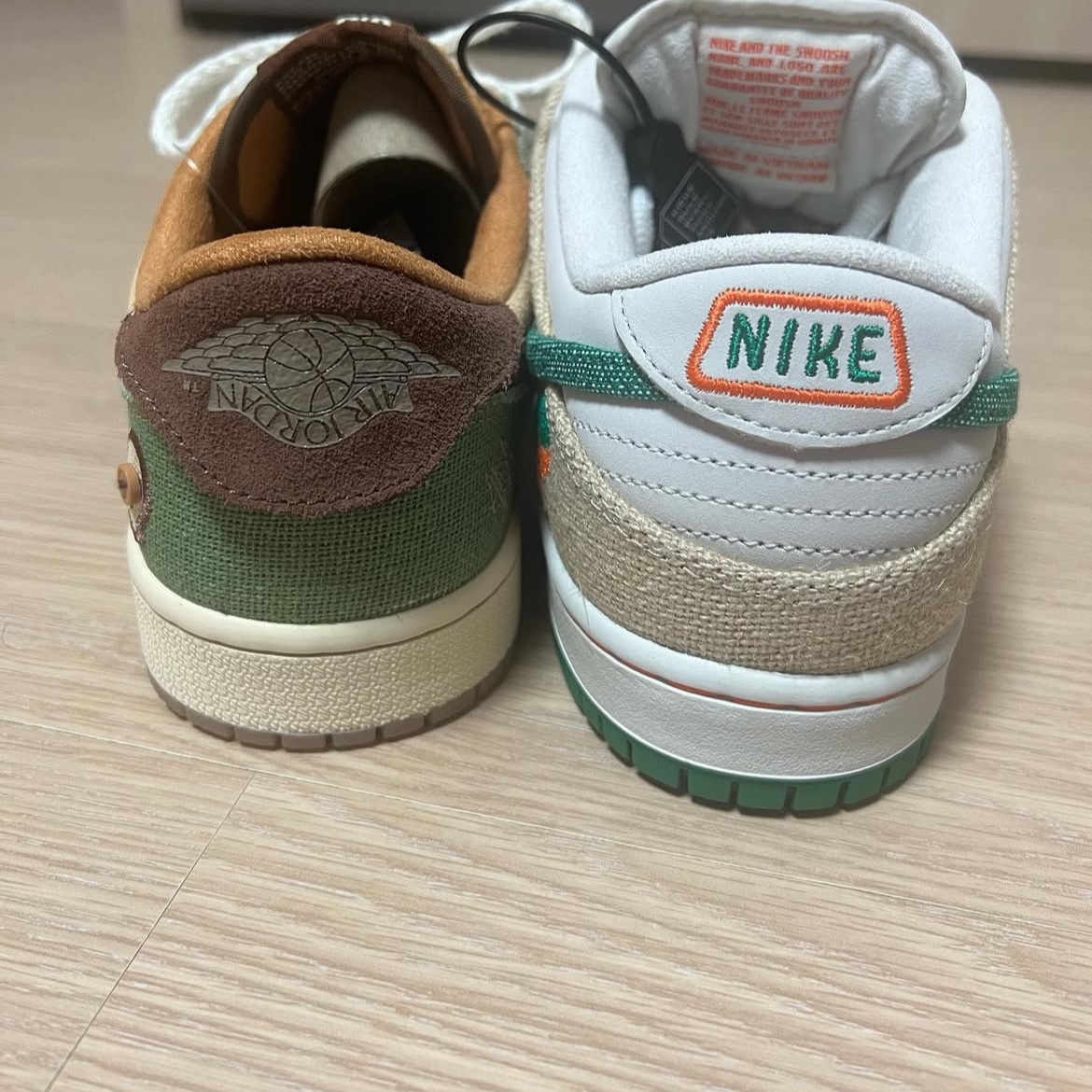 Jordan 1 x Zion Williamson Retro Low OG Flax and Oil Green, Nike x Jarritos SB Dunk Low Phantom and Malachite 착용 스타일