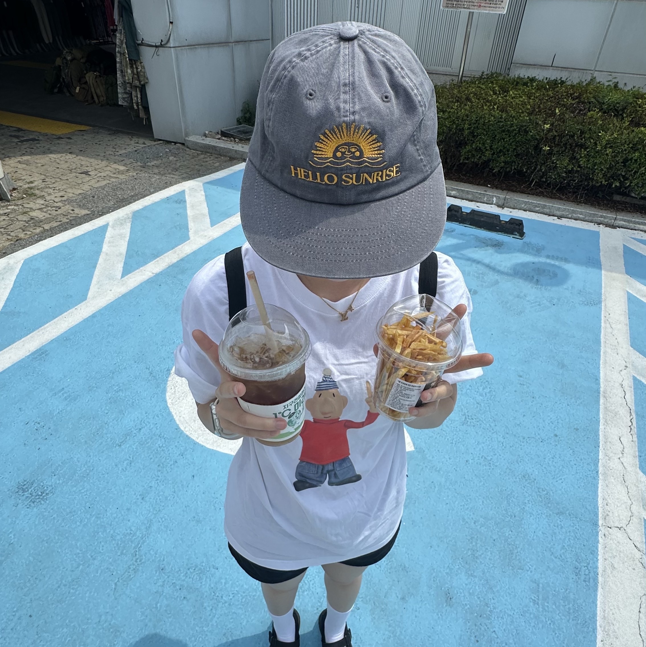 Hello Sunrise Washed OG Logo 6panel Cap Gray 착용 스타일