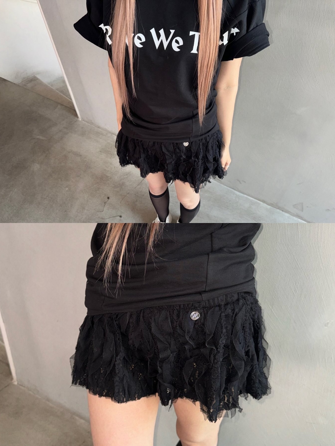 Don't Ask My Plan Lace Frill Floral Shorts -BLACK 착용 스타일 - 3