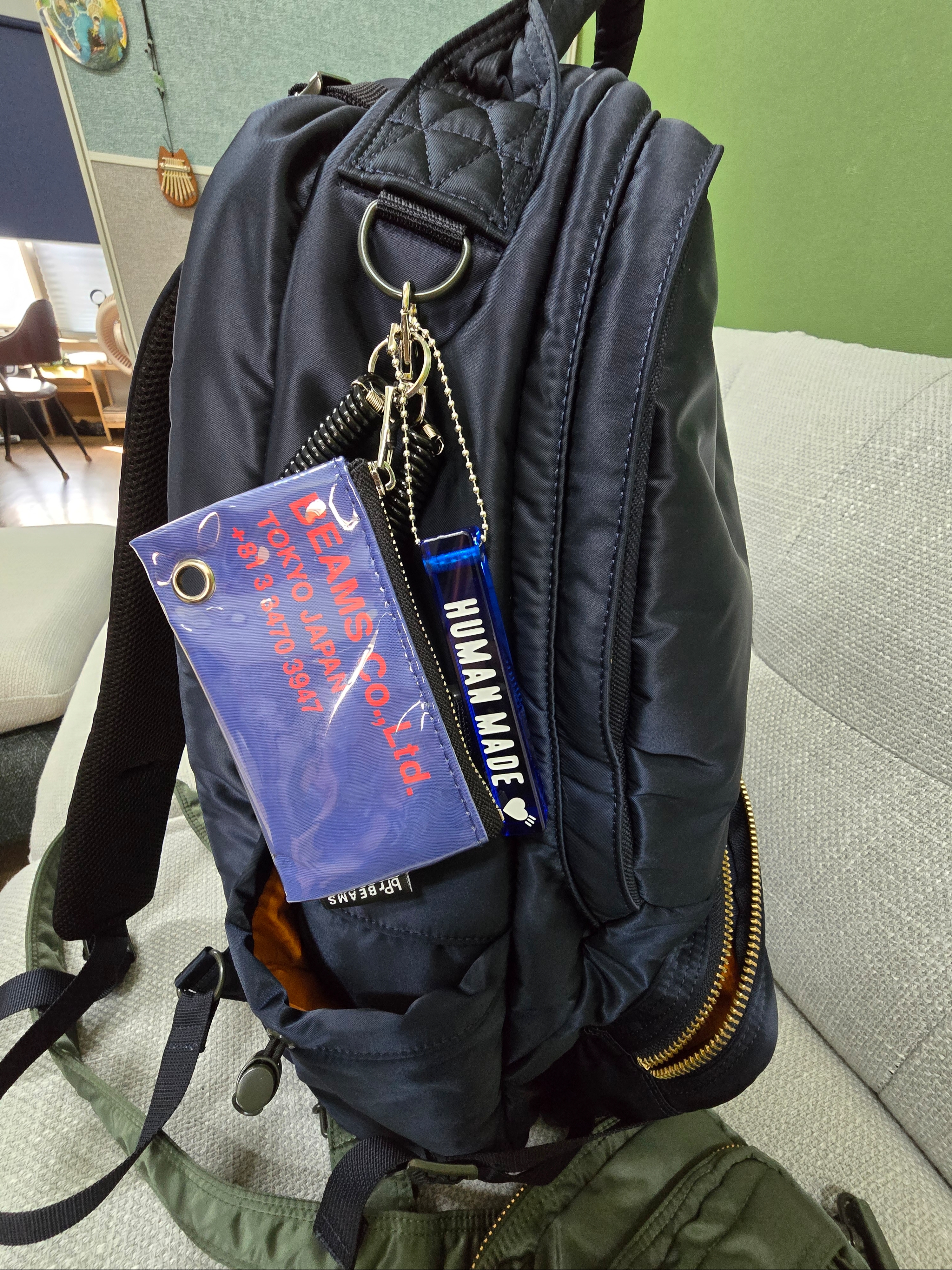 Human Made Acrylic Keychain Blue, Porter Tanker Backpack Navy Blue 착용 스타일