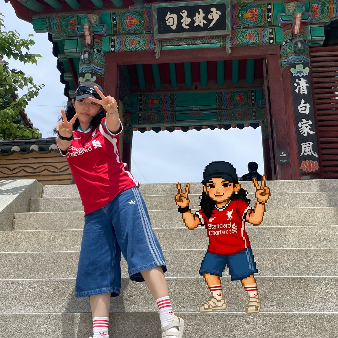 Nike Liverpool FC 2020/21 Dri-Fit Stadium Home SS Jersey Gym Red (Non Marking Ver.), Adidas Adicolor Denim Firebird Shorts Medium Blue Denim - KR Sizing 착용 스타일 - 3