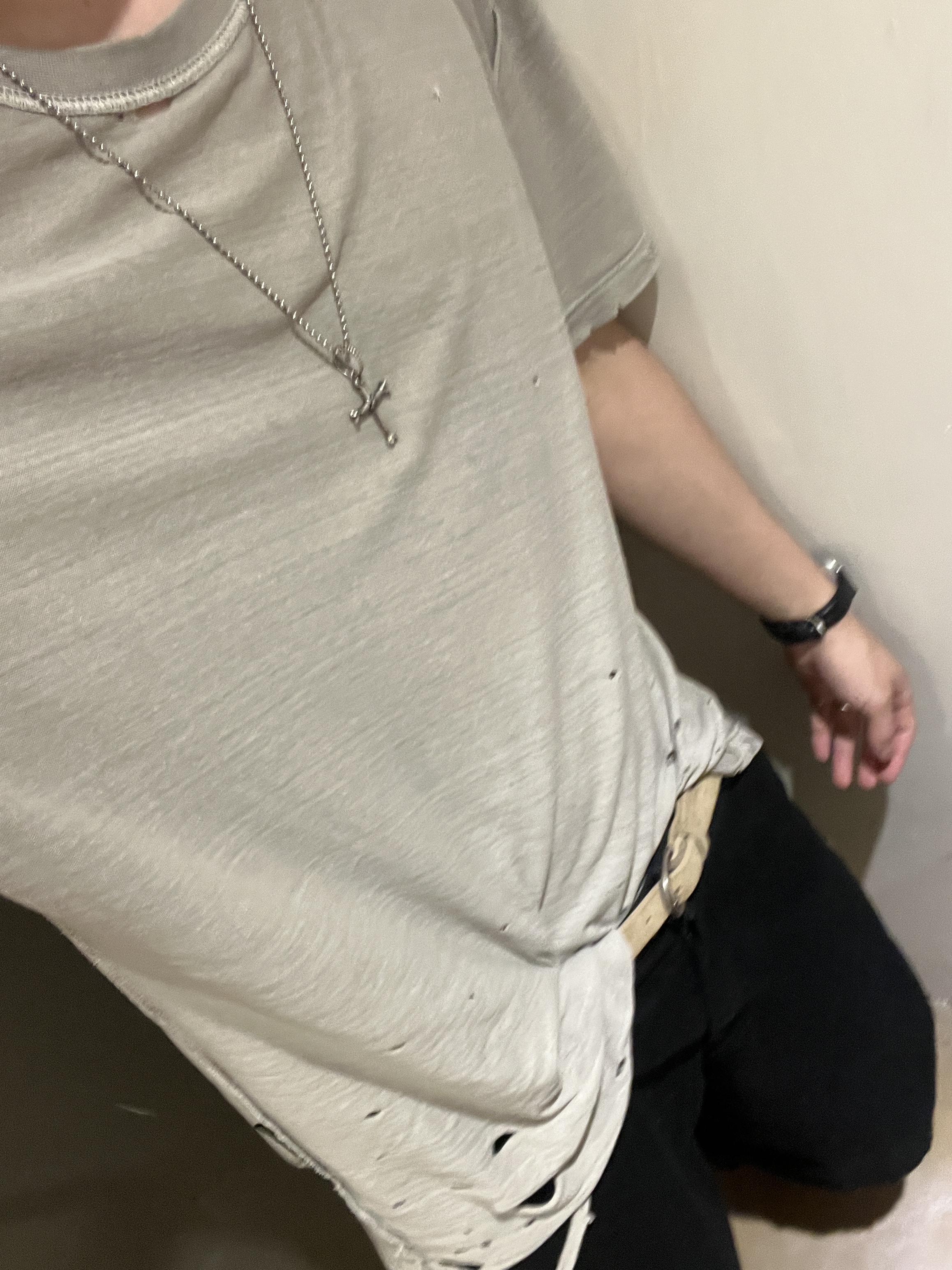 Polyteru Suede Belt Beige 002 Gemstone, [프리오더] Polyteru 925 Silver Pendant Cross Bone 착용 스타일