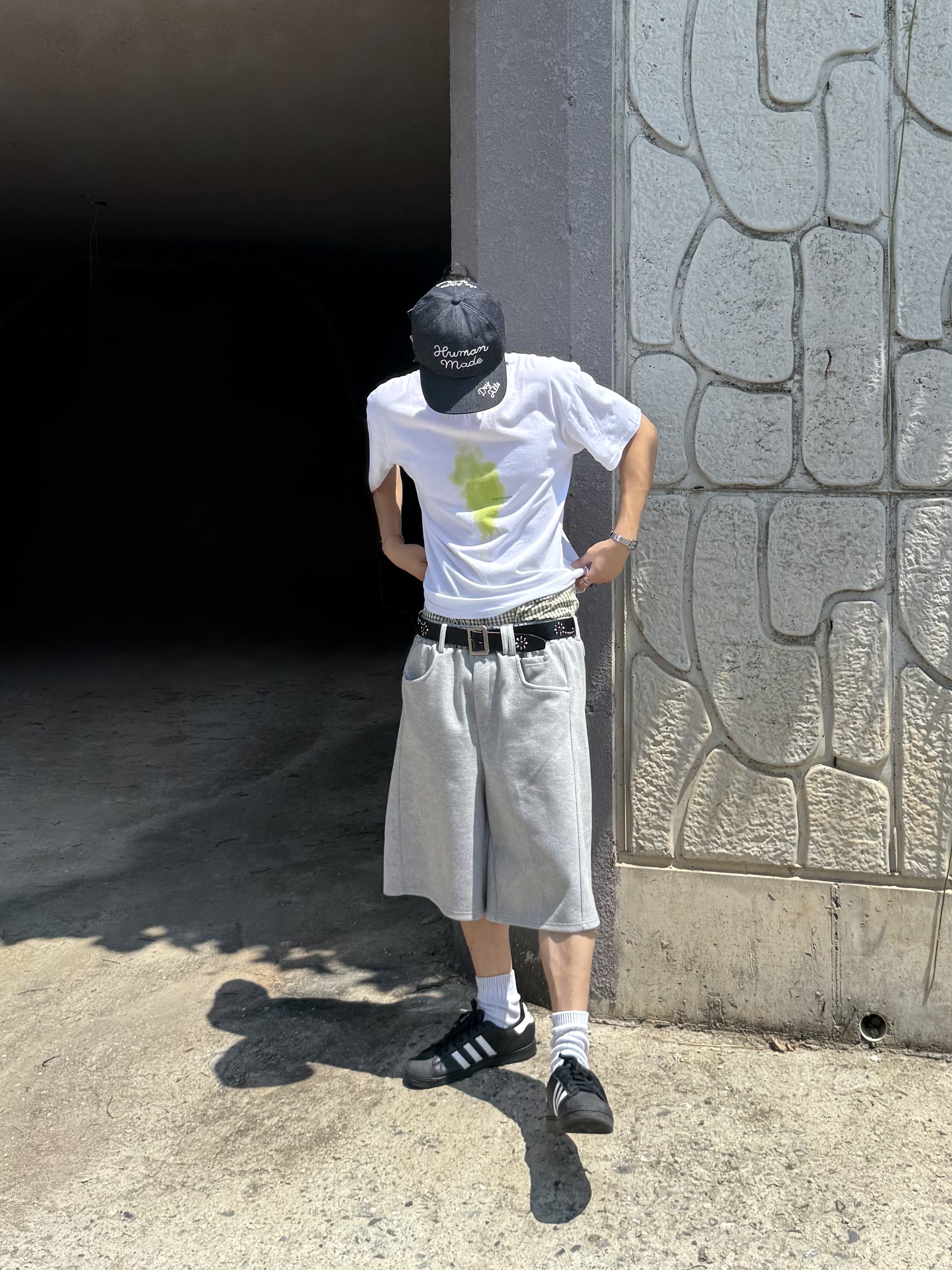 Human Made 6 Panel Denim Cap Indigo, Adidas Superstar Core Black White 착용 스타일 - 2
