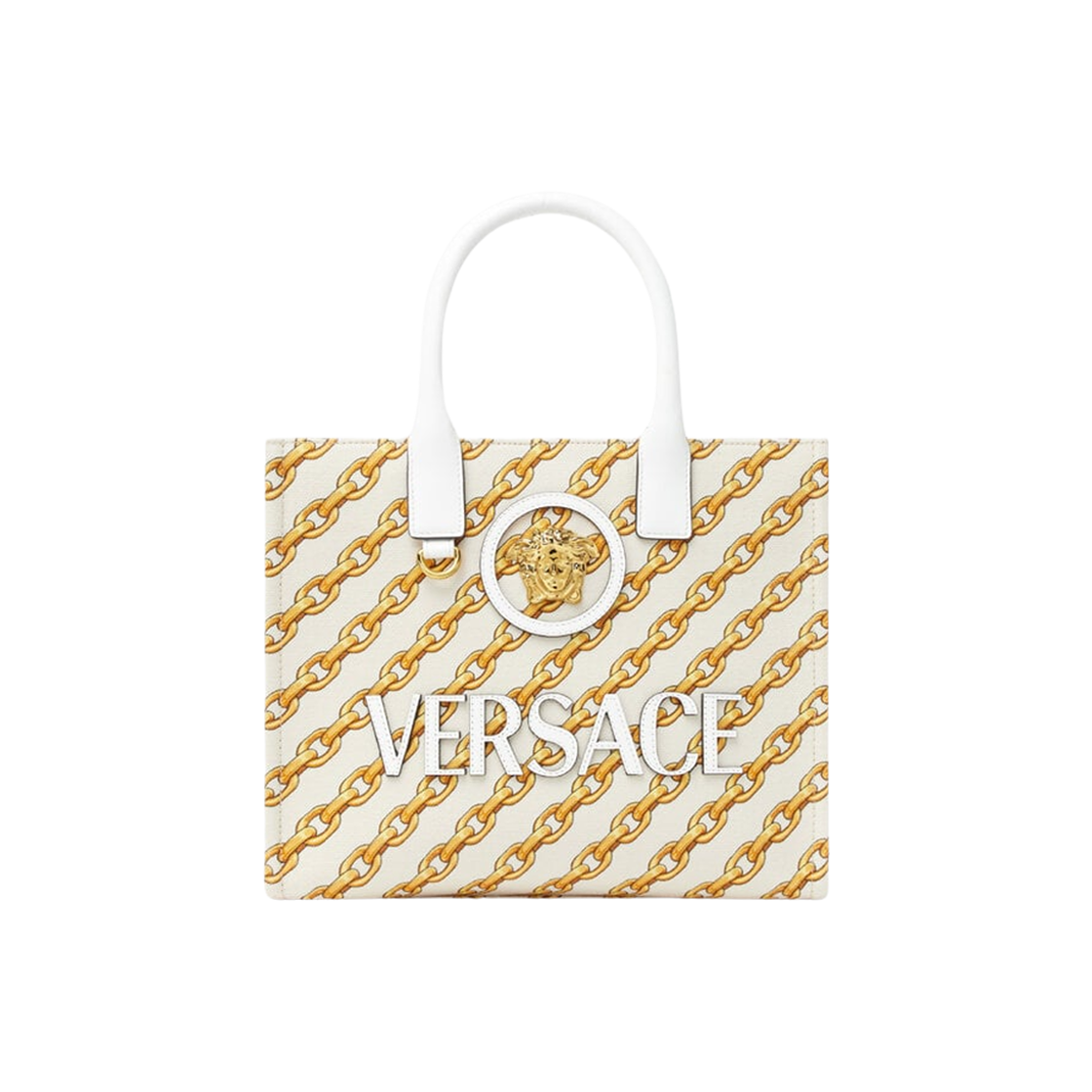 1005861-1A13568-5W73V Versace Chain Stripes La Medusa Small Tote Bag Print