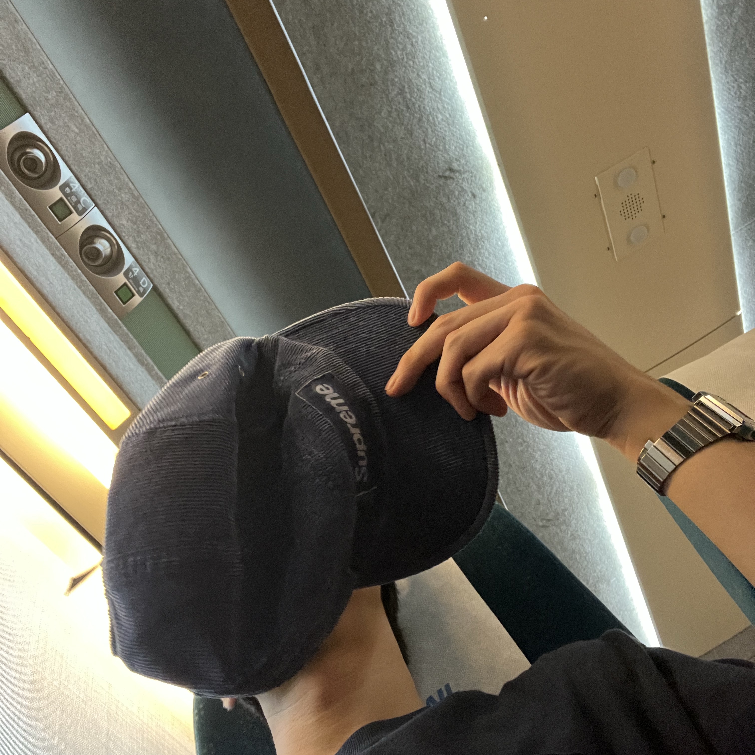 Supreme Corduroy Pocket Camp Cap Blue - 24SS, Dr. Martens x Supreme Studded Penton Loafers Dark Green - 25SS 착용 스타일 - 1