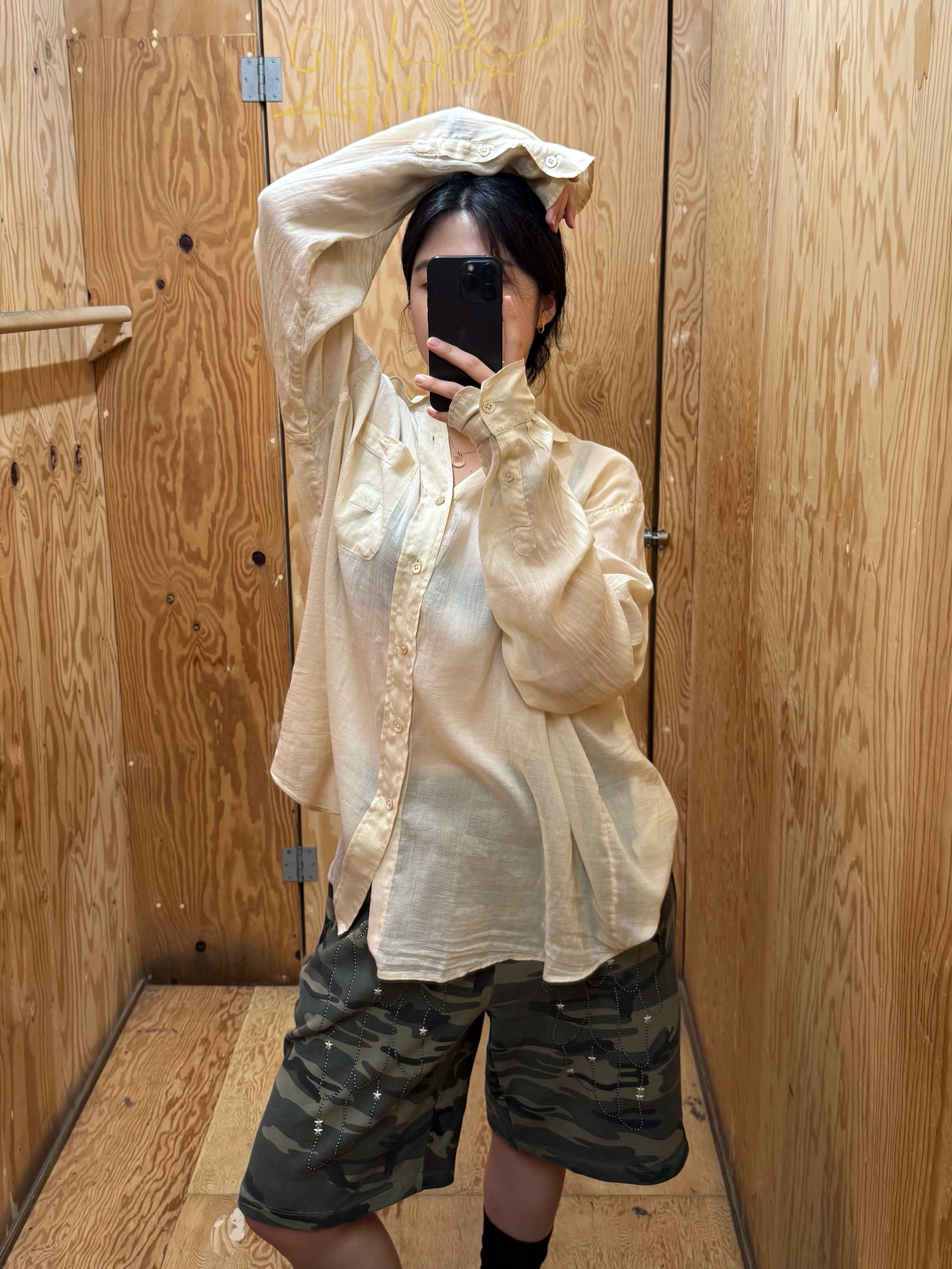 Stussy x Our Legacy Work Shop Shirt Sand Cotton Silk 착용 스타일