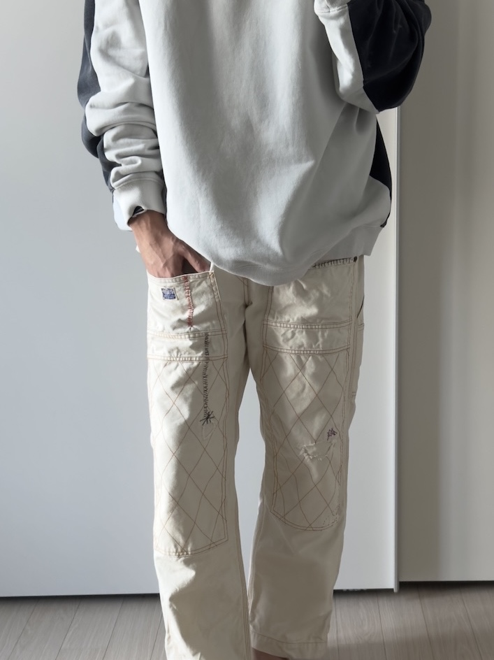 Kapital Thin Canvas Lumbar Pants Kinari, Kapital 2 Tone Big Fleece Sweatshirt Kinari Black 착용 스타일