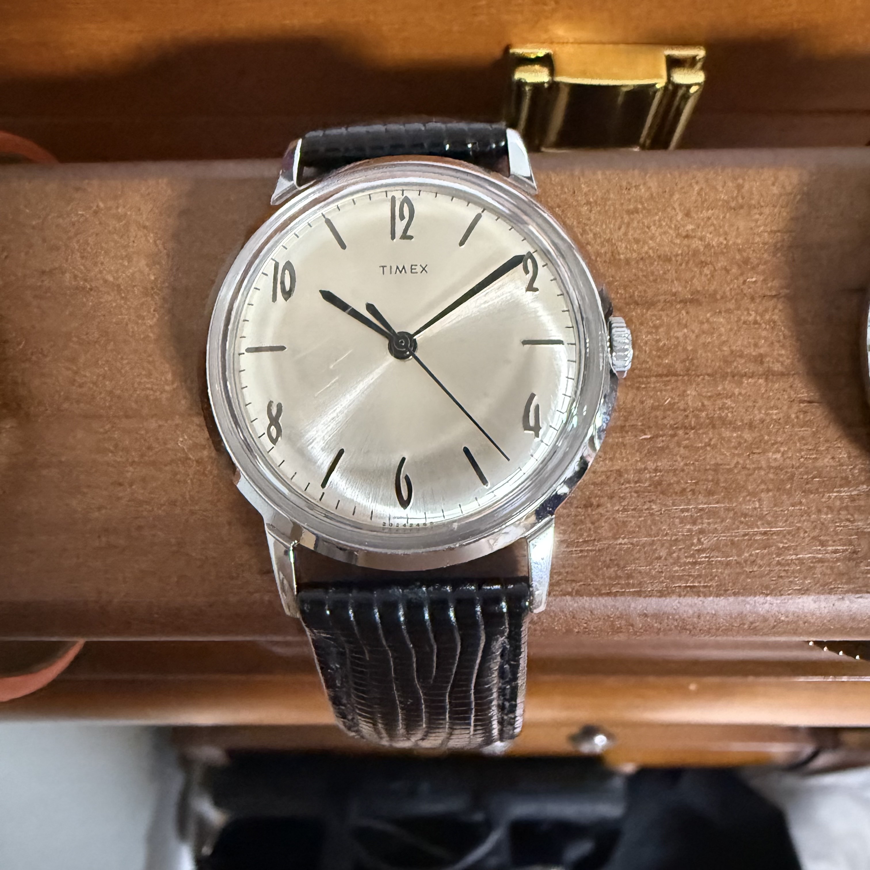 Timex Marlin OG 34mm Leather Strap Watch Black Silver 착용 스타일 - 2