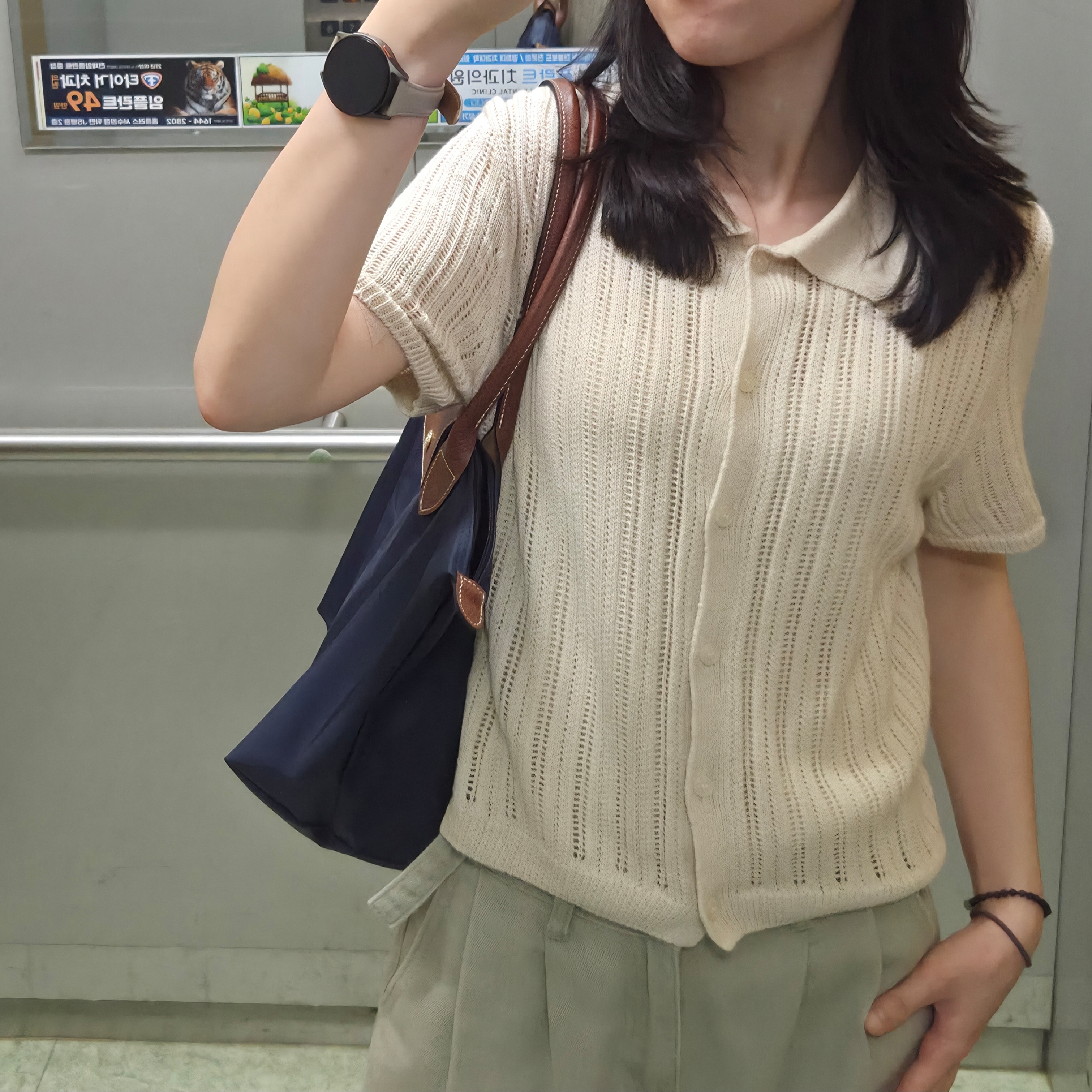 Longchamp Le Pliage Original Tote Bag M Navy 착용 스타일 - 1