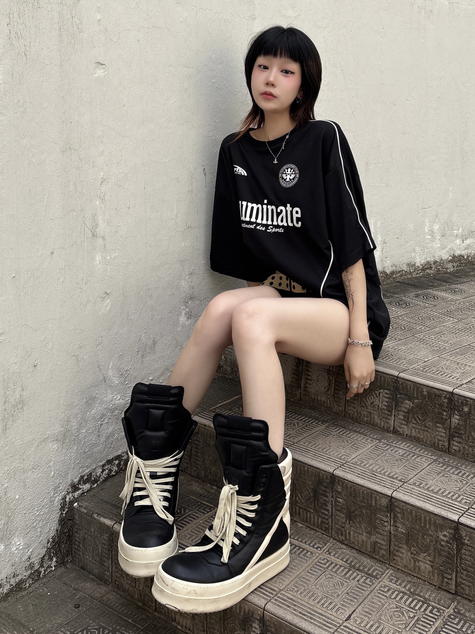 Rick Owens Mega Bumper Geobasket Black Milk 착용 스타일 - 3