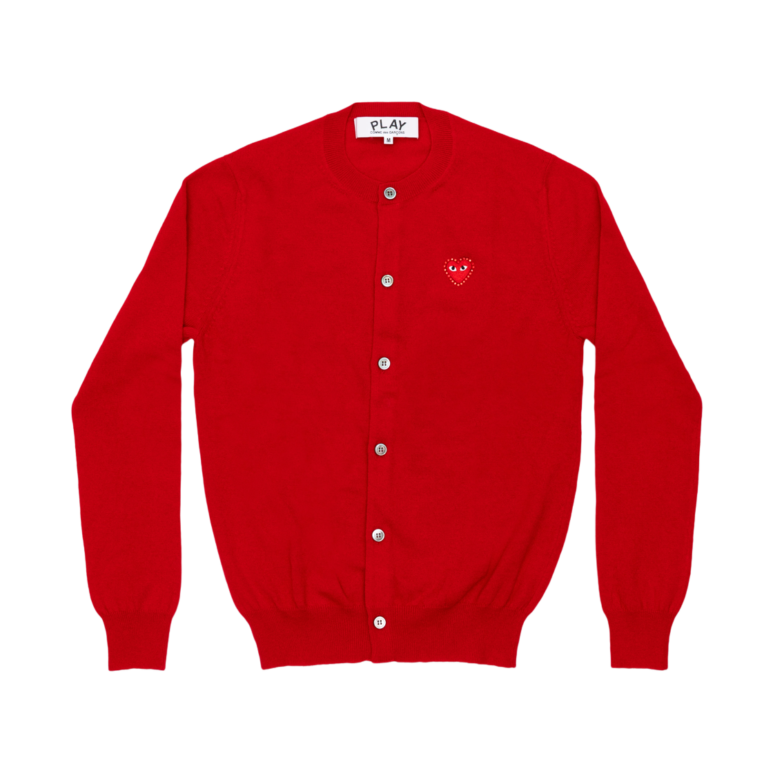 AX-N802-051-5 Play Comme des Garcons Red Heart x Rhinestone Round Neck Cardigan Red