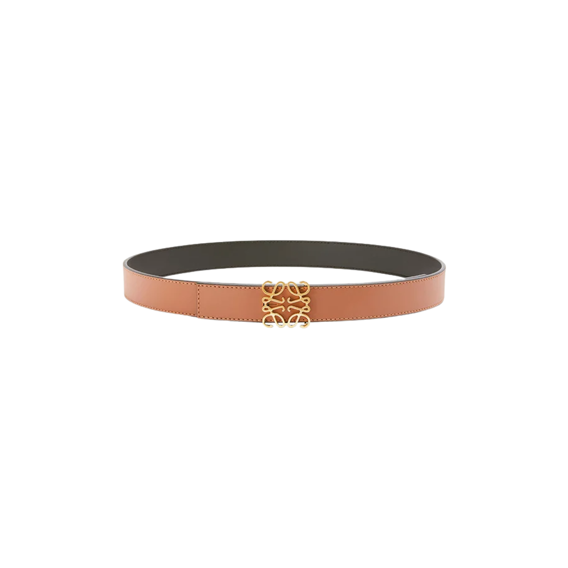 (W) 로에베 스무스 카프스킨 리버시블 아나그램 벨트 탄 블랙 골드((W) Loewe Reversible Anagram Belt in Smooth Calfskin Tan Black Gold)