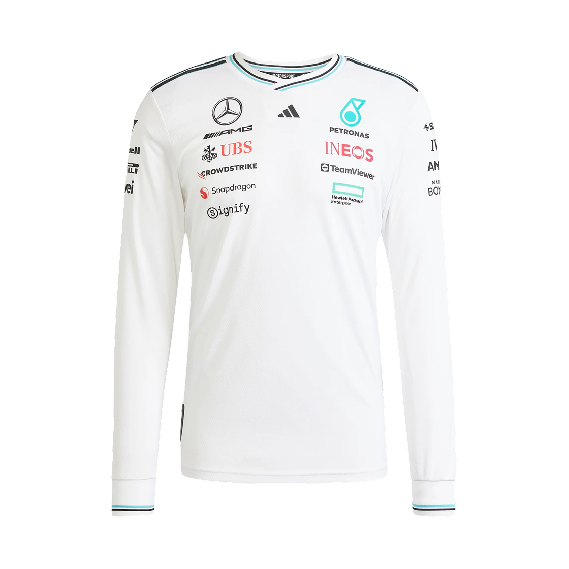 JX5797 Mercedes AMG Petronas x Adidas Formula One 2025 Team Driver Jersey Authentic Long Sleeve White Black - US Sizing