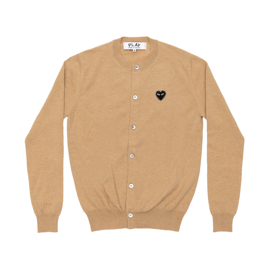 AX-N805-051-3 Play Comme des Garcons Black Heart x Rhinestone Round Neck Cardigan Top Light Camel