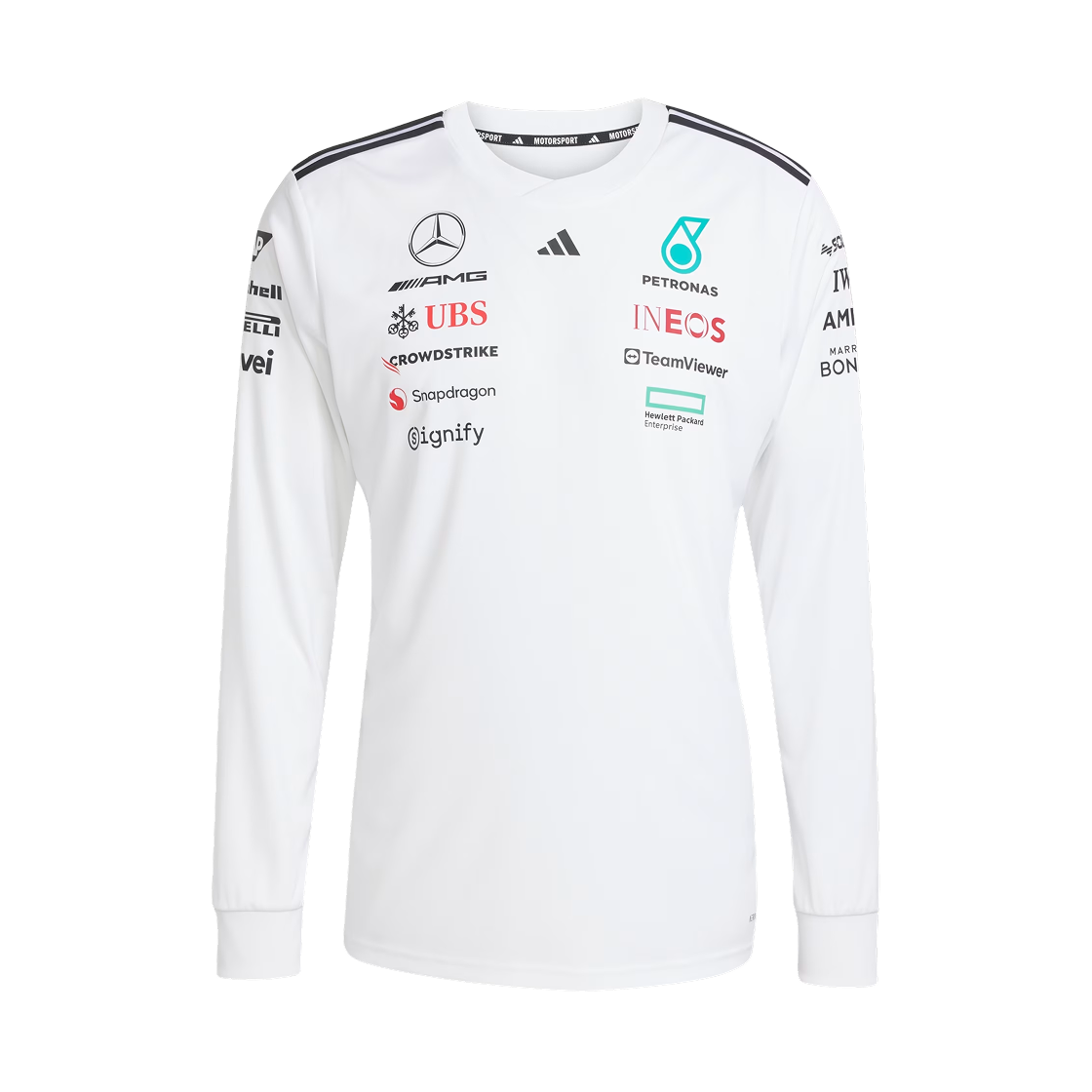 JX5801 Mercedes AMG Petronas x Adidas Formula One 2025 Team Long Sleeve Driver T-Shirt White Black - US Sizing