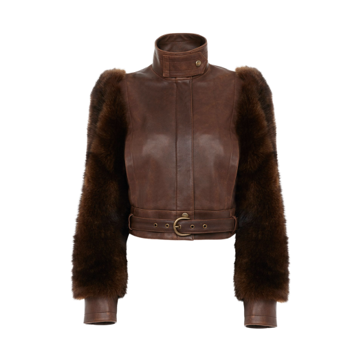 CH25ACV4320628D (W) Chloe High Neck Leather Short Jacket Bourbon Brown
