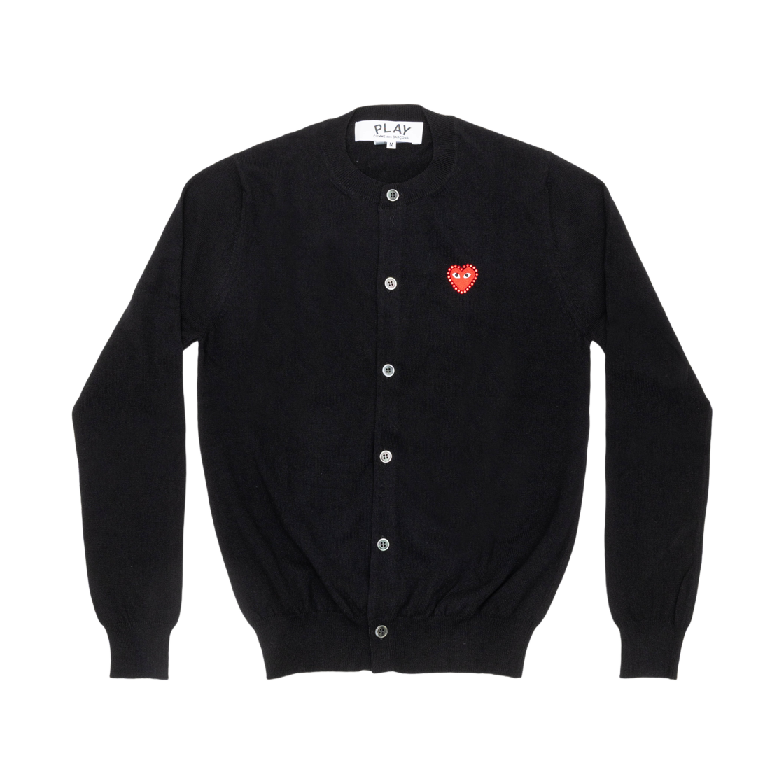 AX-N802-051-1 Play Comme des Garcons Red Heart x Rhinestone Round Neck Cardigan Black