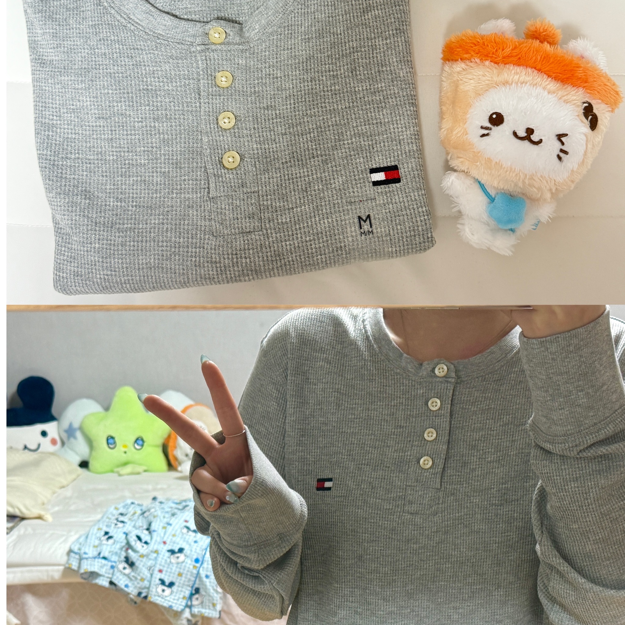 Tommy Hilfiger Thermal Sleep Henley Long Sleeve Grey Heather, NCT Wish Steady Wish Doll Keyring Yushi Ver. 착용 스타일 - 1