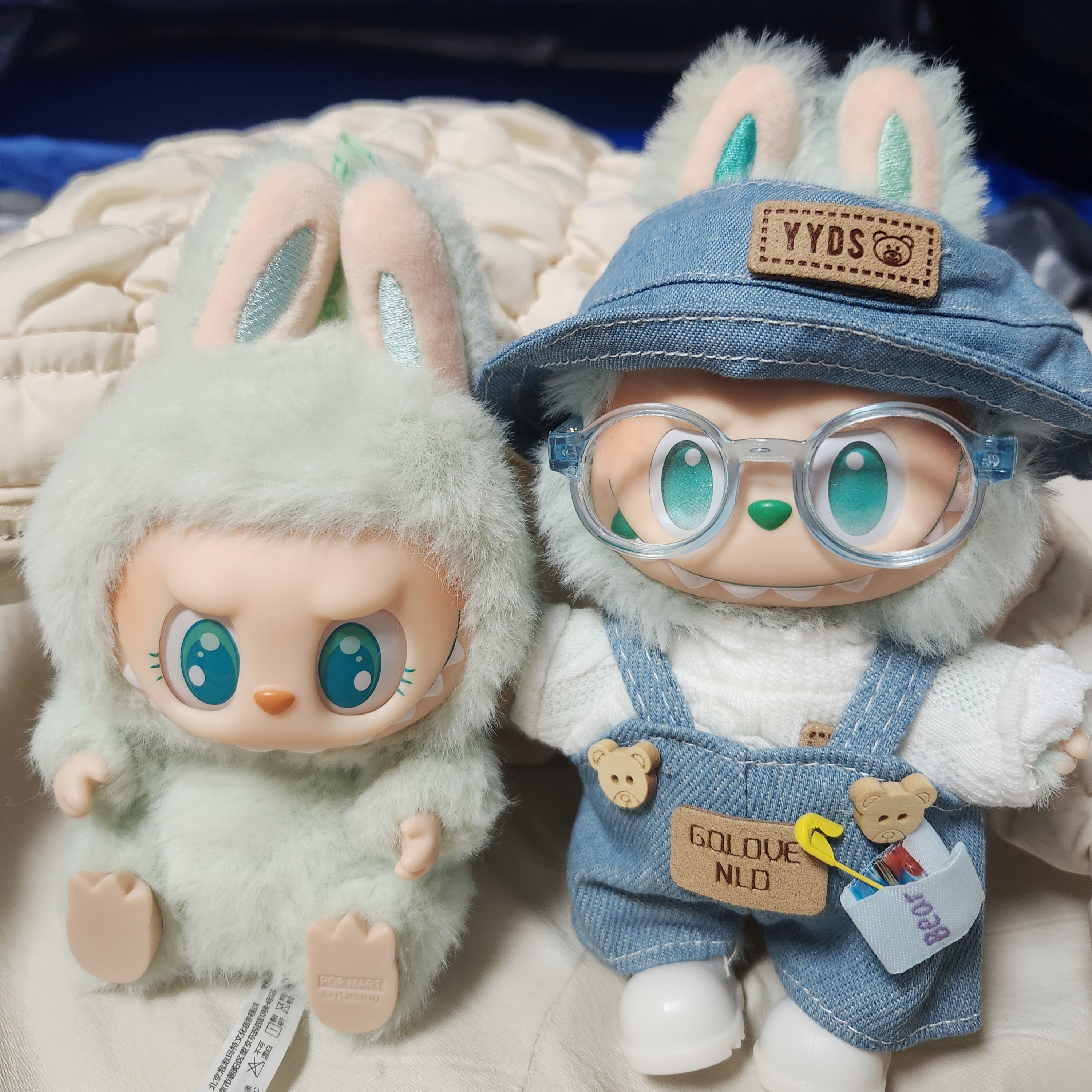Pop Mart Labubu The Monsters Highlight Series Serenity Keyring (Opened Case), Pop Mart Labubu Let's Play Together Doll Series Ququ Keyring (Opened Case) 착용 스타일