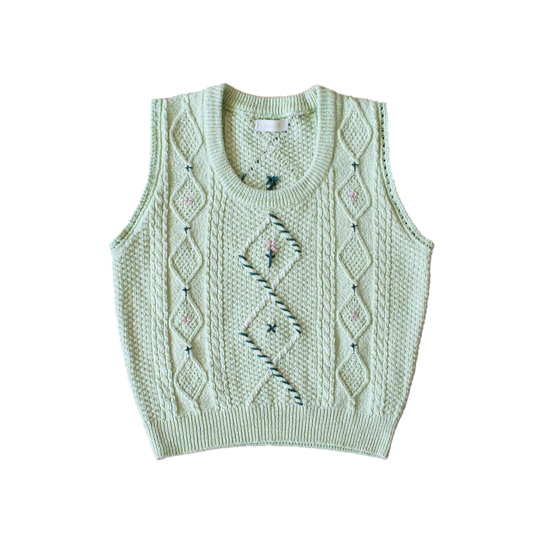루바티 손자수 빈티지 플라워 니트 베스트 민트(Rubati Vintage Flower Hand Stitched Knit Vest Mint)