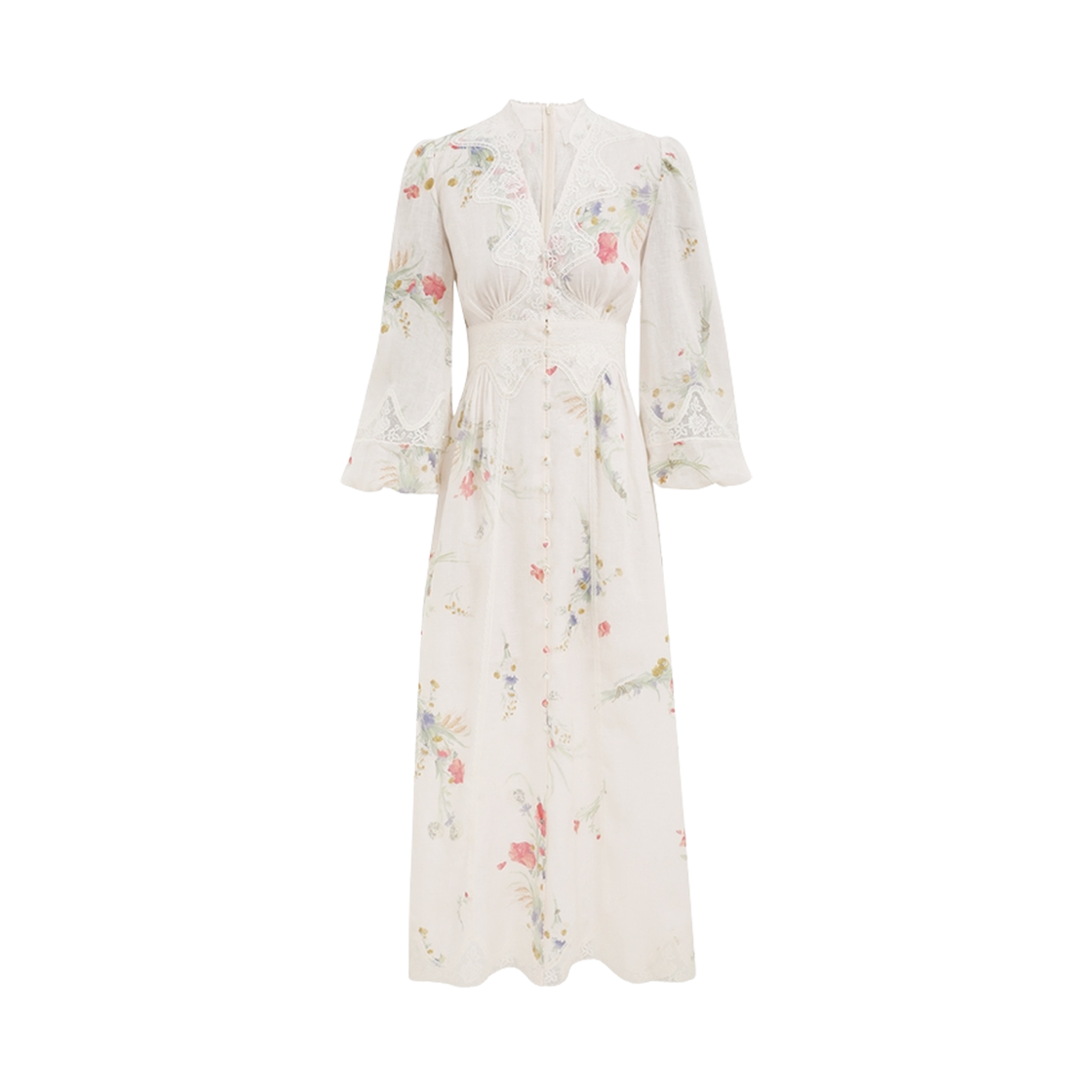 4548DSS252 (W) Zimmermann Lucky Lace Plunge Midi Dress Cream Bouquet Floral