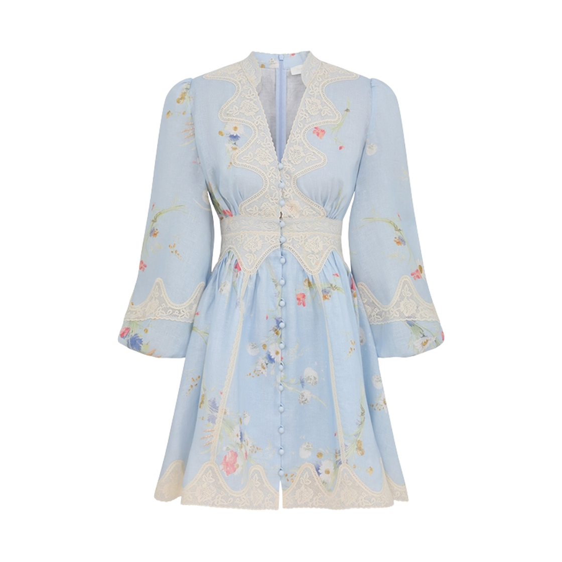 4546DSS252 (W) Zimmermann Lucky Lace Plunge Mini Dress Blue Bouquet Floral