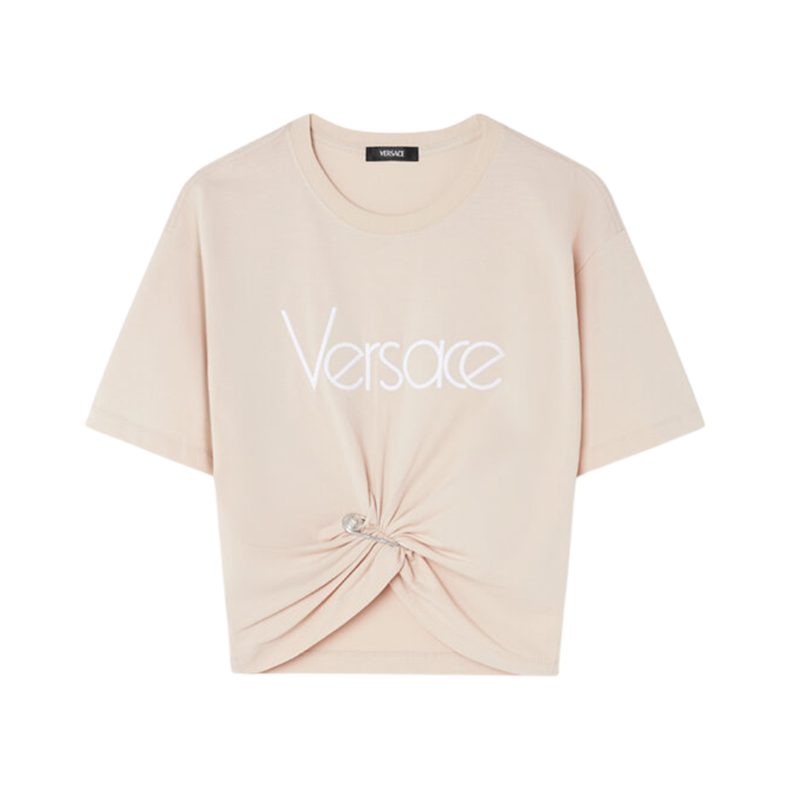 (W) 베르사체 1978 리에디션 로고 세이프티 핀 크롭 티셔츠 베이지((W) Versace 1978 Re-Edition Logo Safety Pin Crop T-Shirt Beige)
