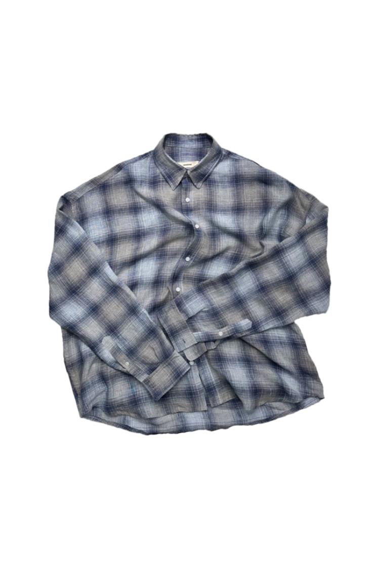 논노드 플렉시블 스트링 체크 셔츠 재패니즈 리넨 블루(Nonnod Flexible String Check Shirt Japanese Linen Blue)