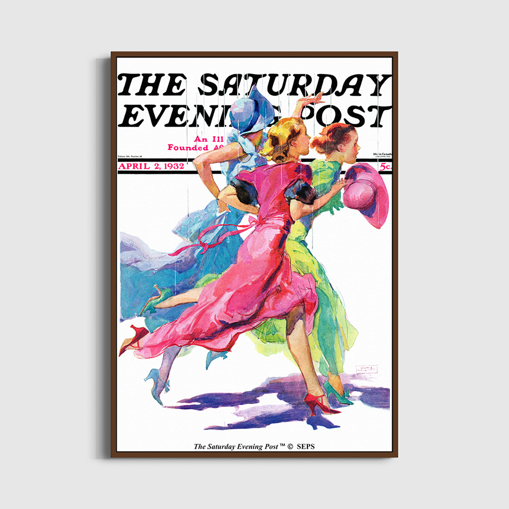 SFX3GD706A The Saturday Evening Post Framed Poster_Three Women Running from Rain_A2