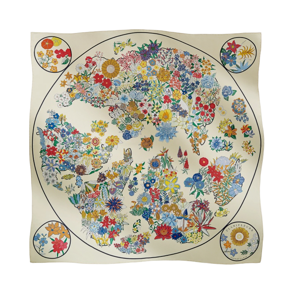 H003965S16 (W) Hermes Planifleurs Scarf 90 Creme Jaune Vert