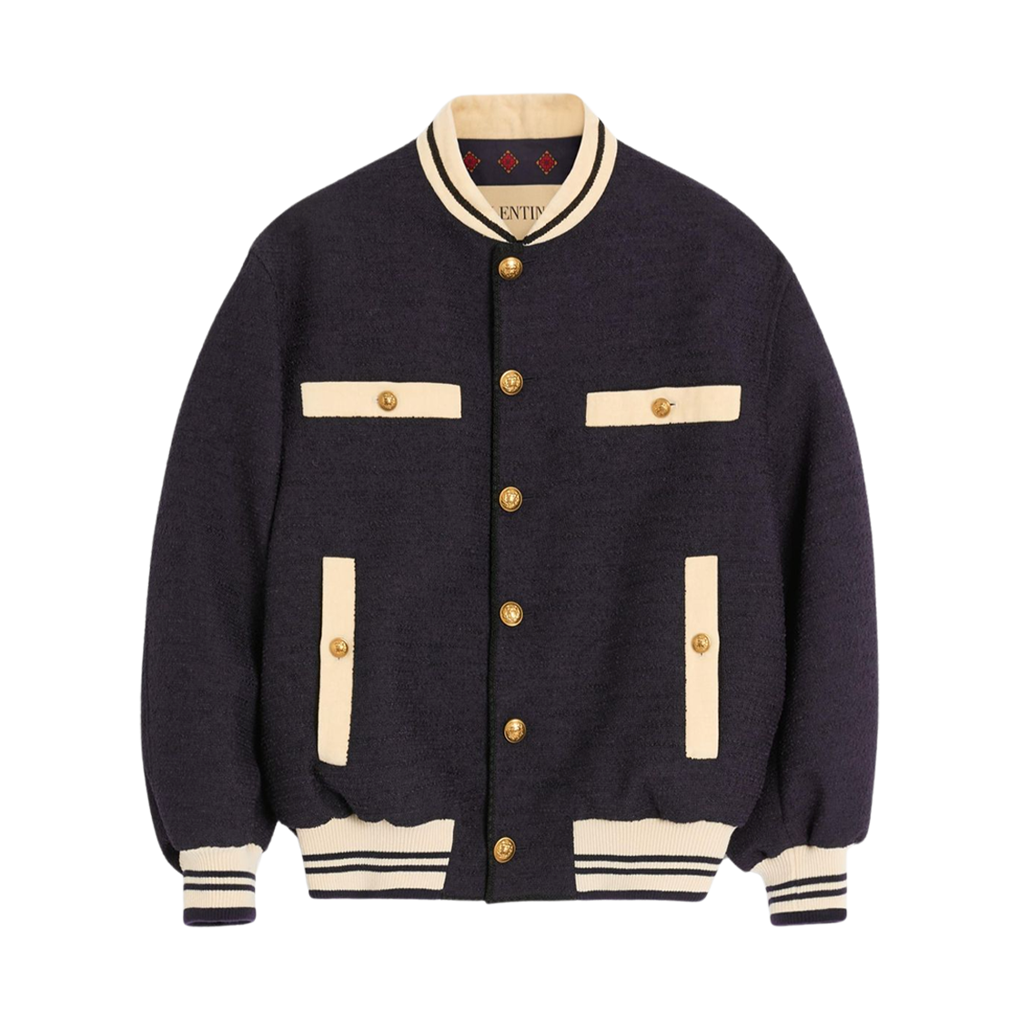 CIP68AWL598 Valentino Cotton Tweed Bomber Jacket Navy