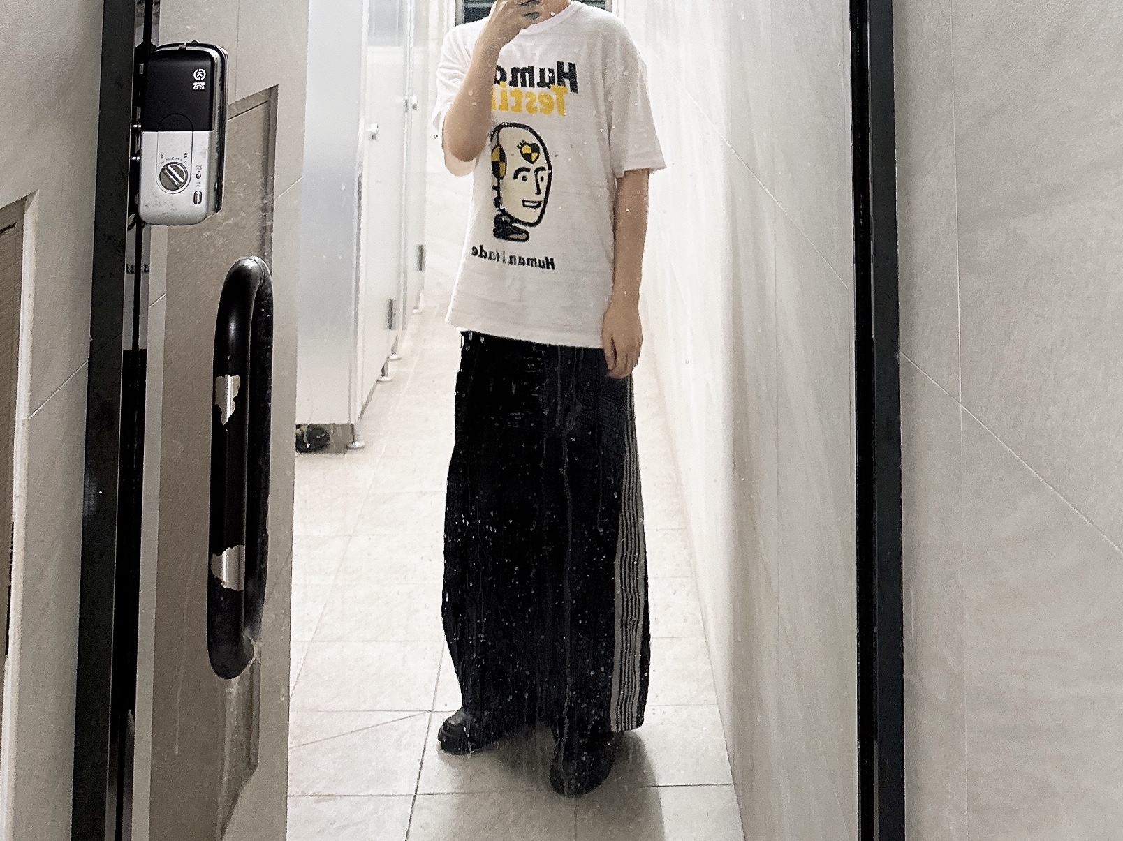 Human Made x A$AP Rocky Human Testing T-Shirt White, Needles x LHP H.D. Track Pants Poly Smooth Black White 착용 스타일