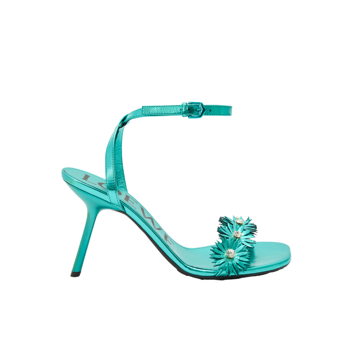 L616465X67-5150 (W) Loewe Petal Flower Sandal In Calfskin Crystals Turquoise