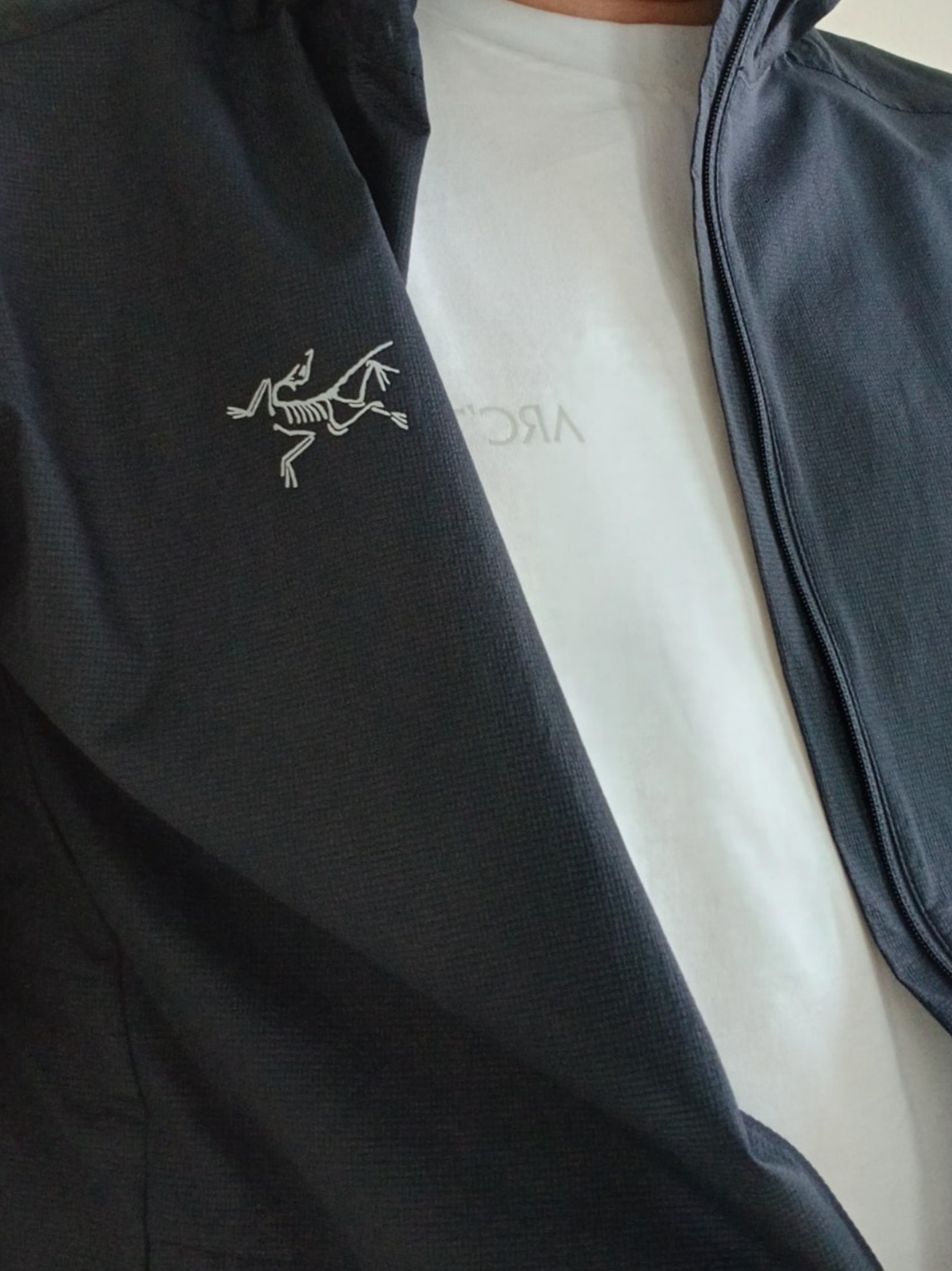 Arc'teryx Kragg SL Cotton Blurred Bird SS T-Shirt White Light Atmos, Arc'teryx Incendo Airshell Hoody Black 착용 스타일 - 2