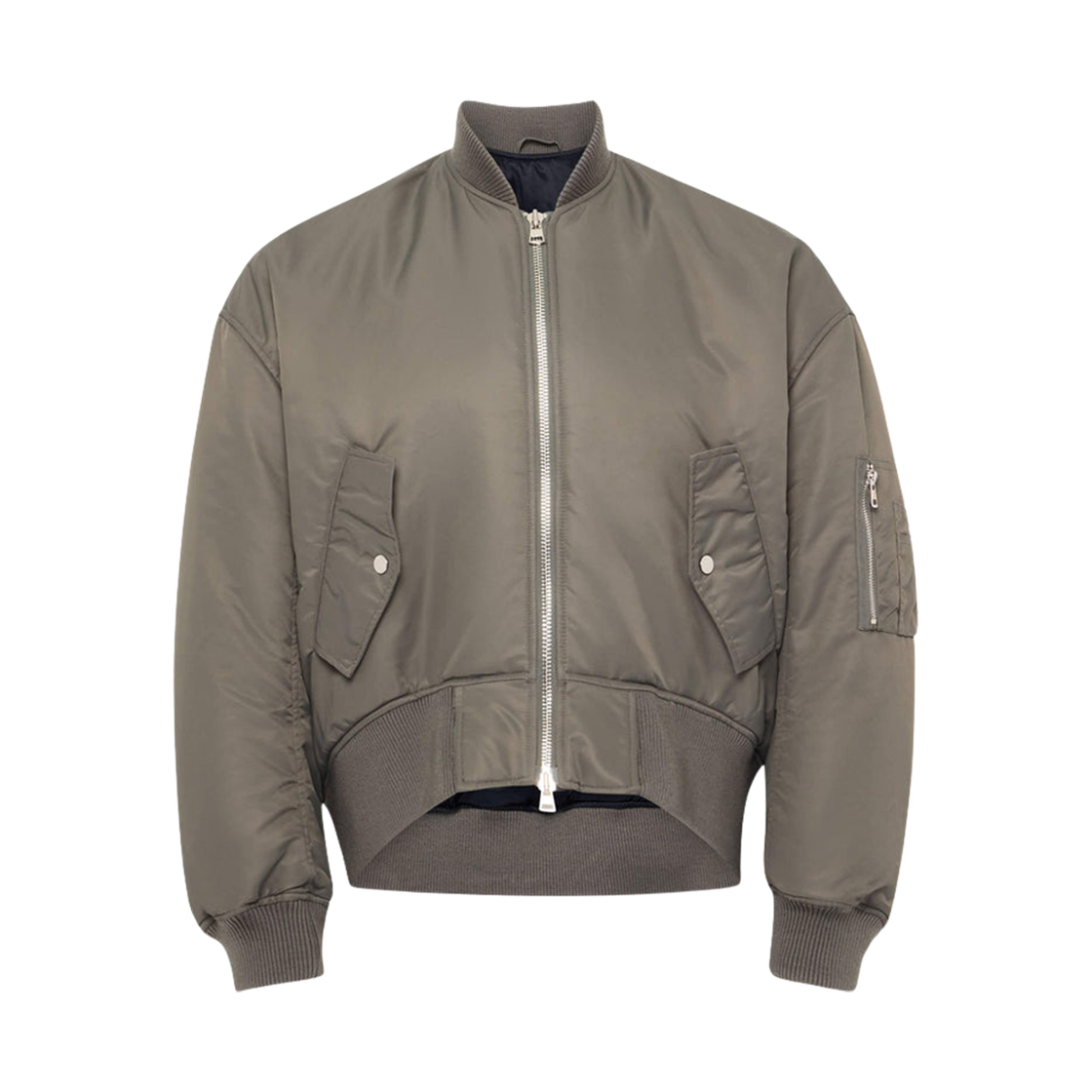 JK0381PG1696925 (W) JW Anderson Oversized Curved Hem Bomber Jacket Grey