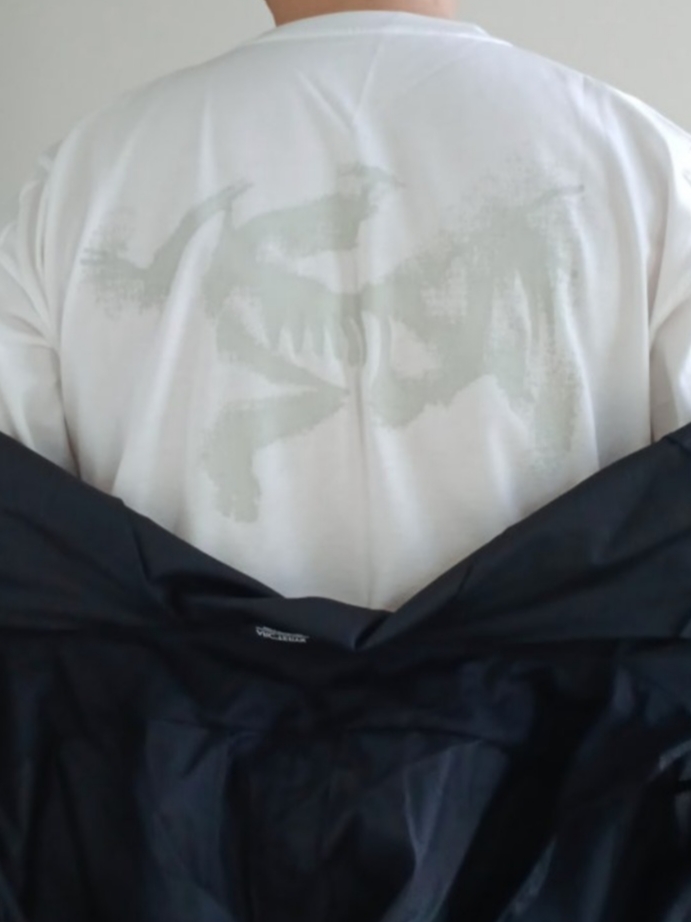 Arc'teryx Kragg SL Cotton Blurred Bird SS T-Shirt White Light Atmos, Arc'teryx Incendo Airshell Hoody Black 착용 스타일 - 1