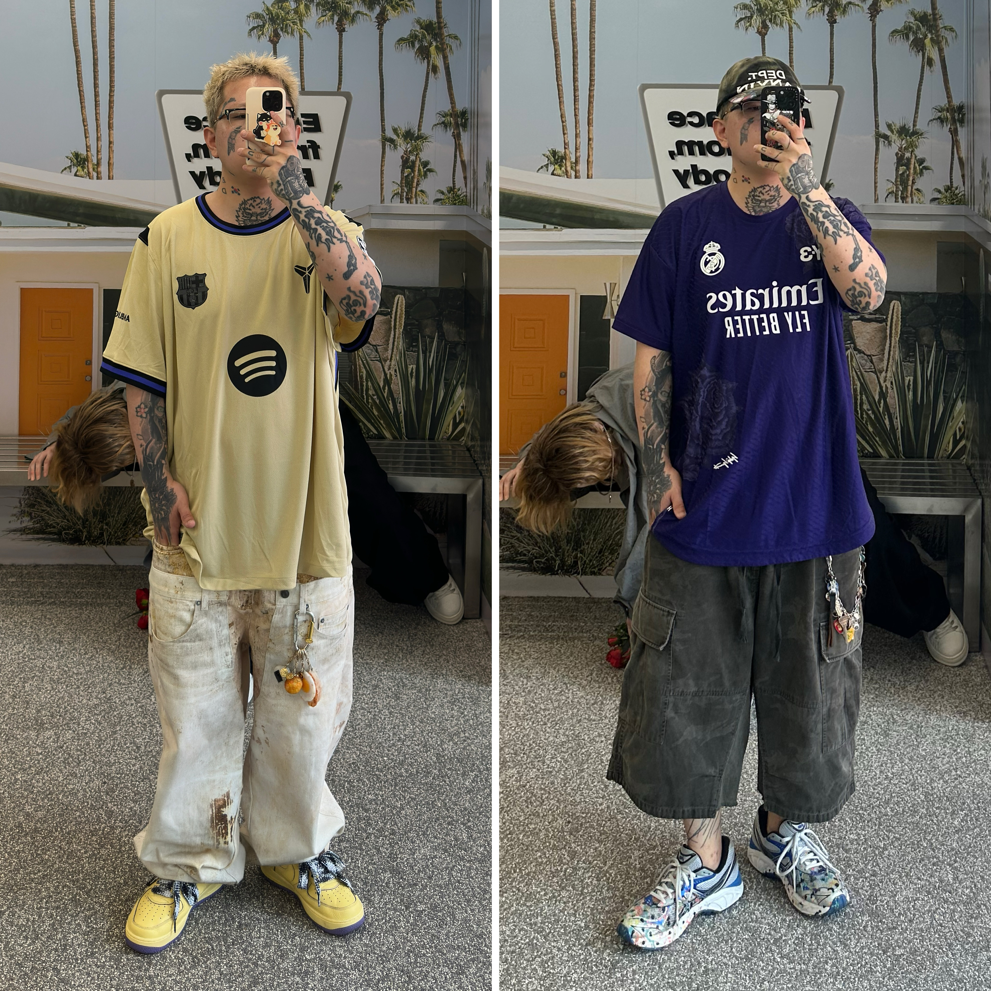 Nike FC Barcelona 2025/26 Stadium Away Dri-Fit Replica Jersey Team Gold Persian Violet Black (Non Marking Ver.), Y-3 x Real Madrid 2023/24 4th Authentic Jersey Dark Purple (Non Marking Ver.) - KR Sizing 착용 스타일