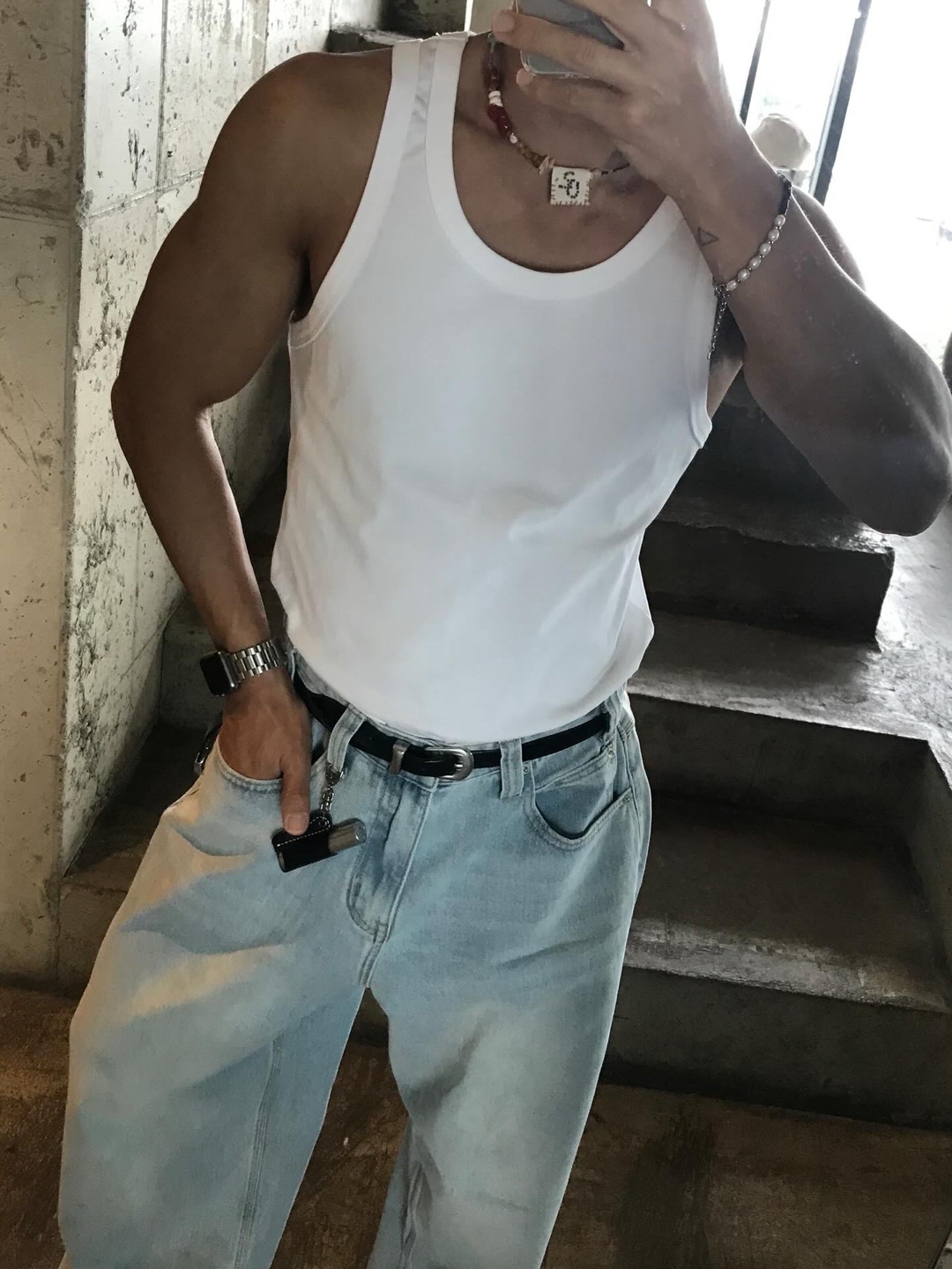 noun Wide Denim Pants Light Blue 착용 스타일 - 6