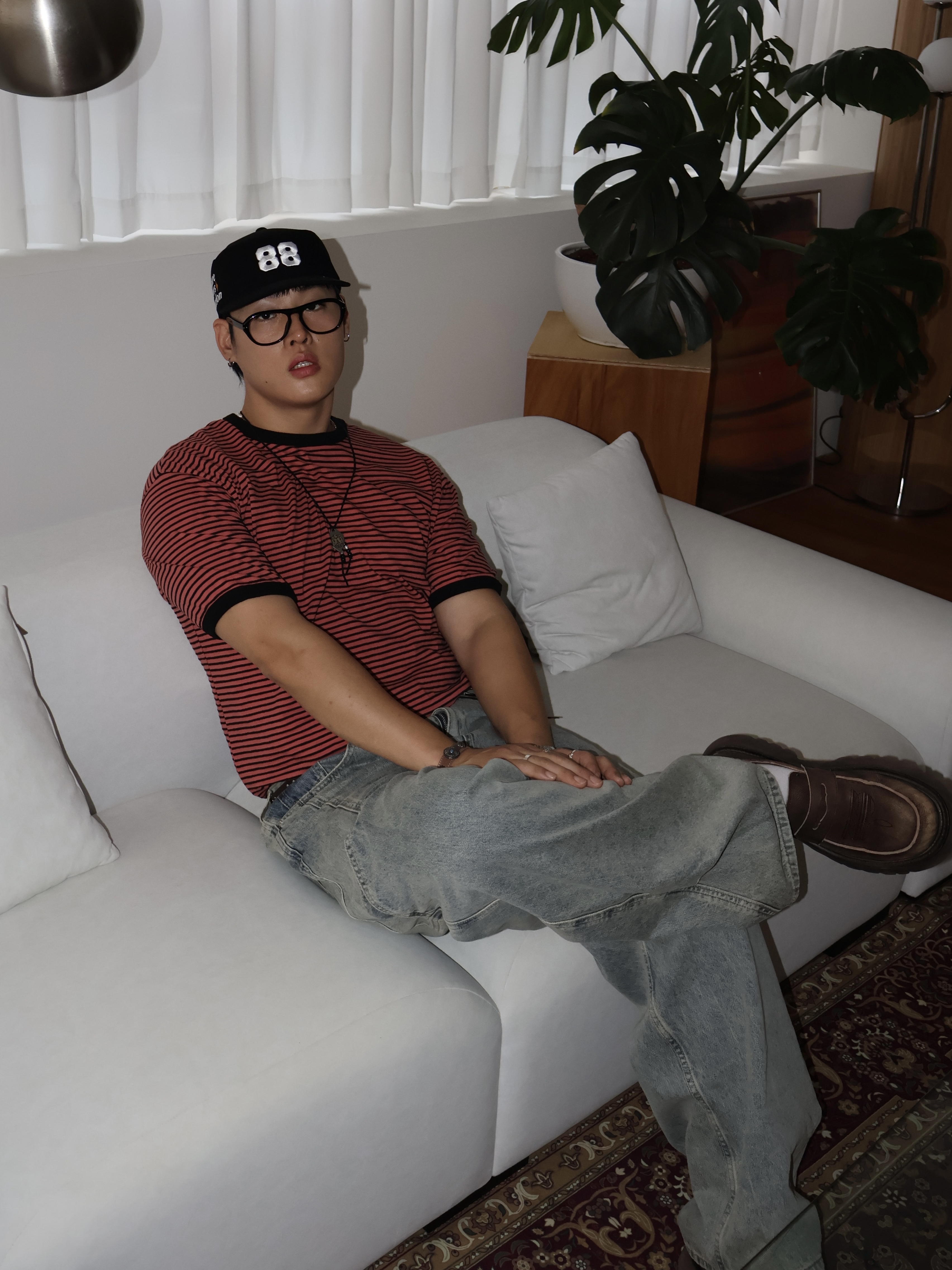noun Side Line Cargo Denim Pants Light Blue 착용 스타일 - 3