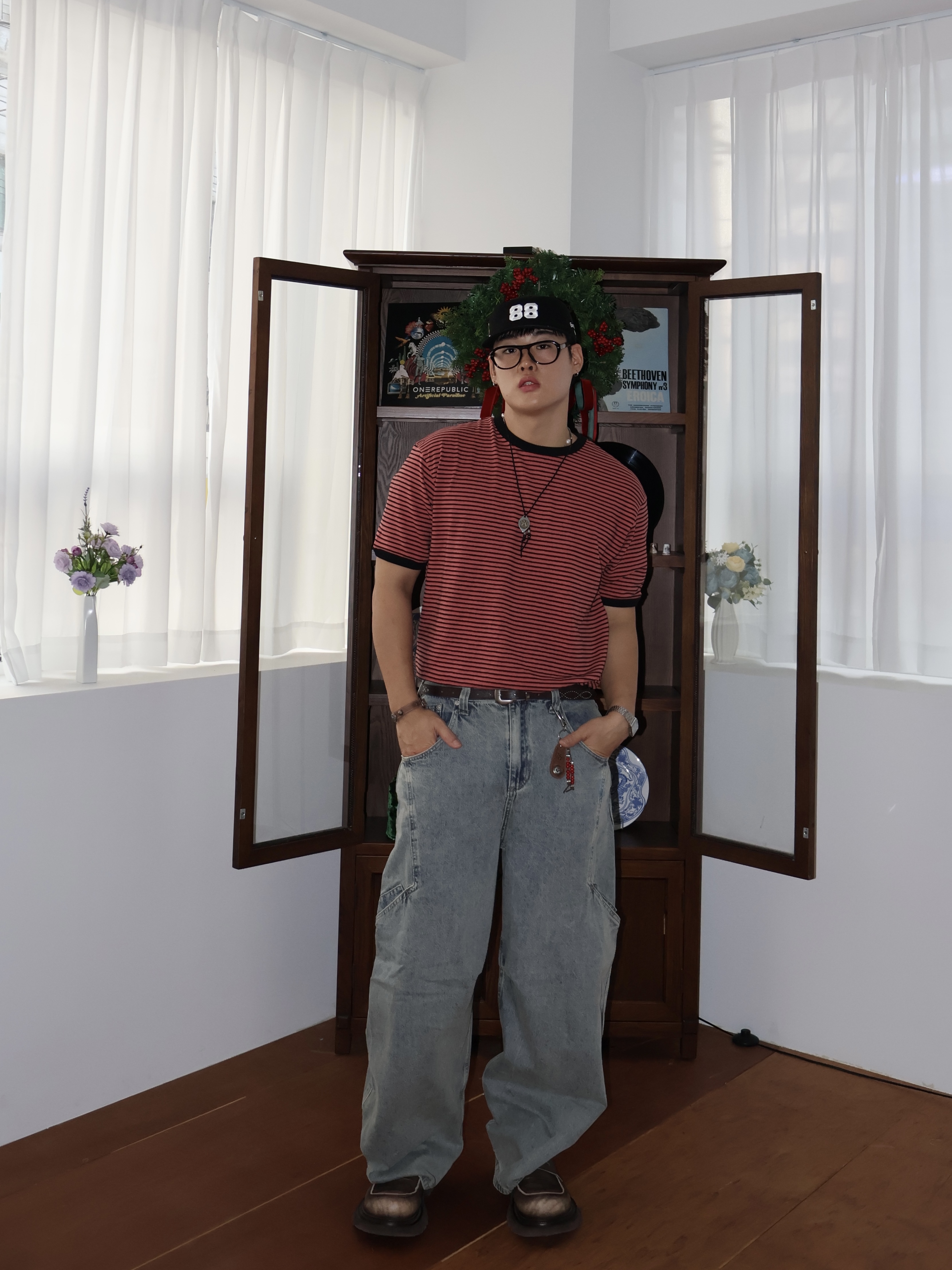 noun Side Line Cargo Denim Pants Light Blue 착용 스타일 - 1