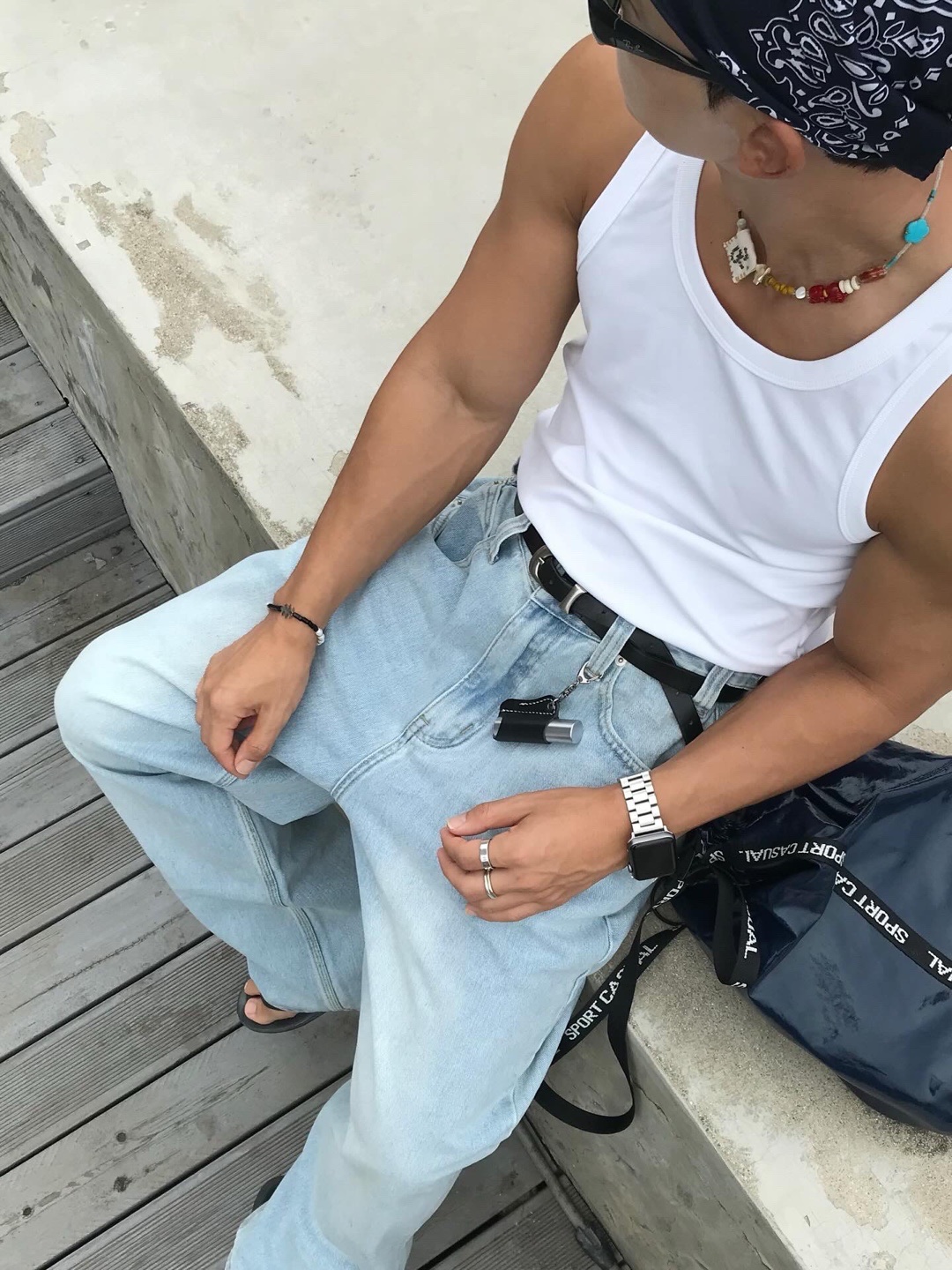 noun Wide Denim Pants Light Blue 착용 스타일 - 7