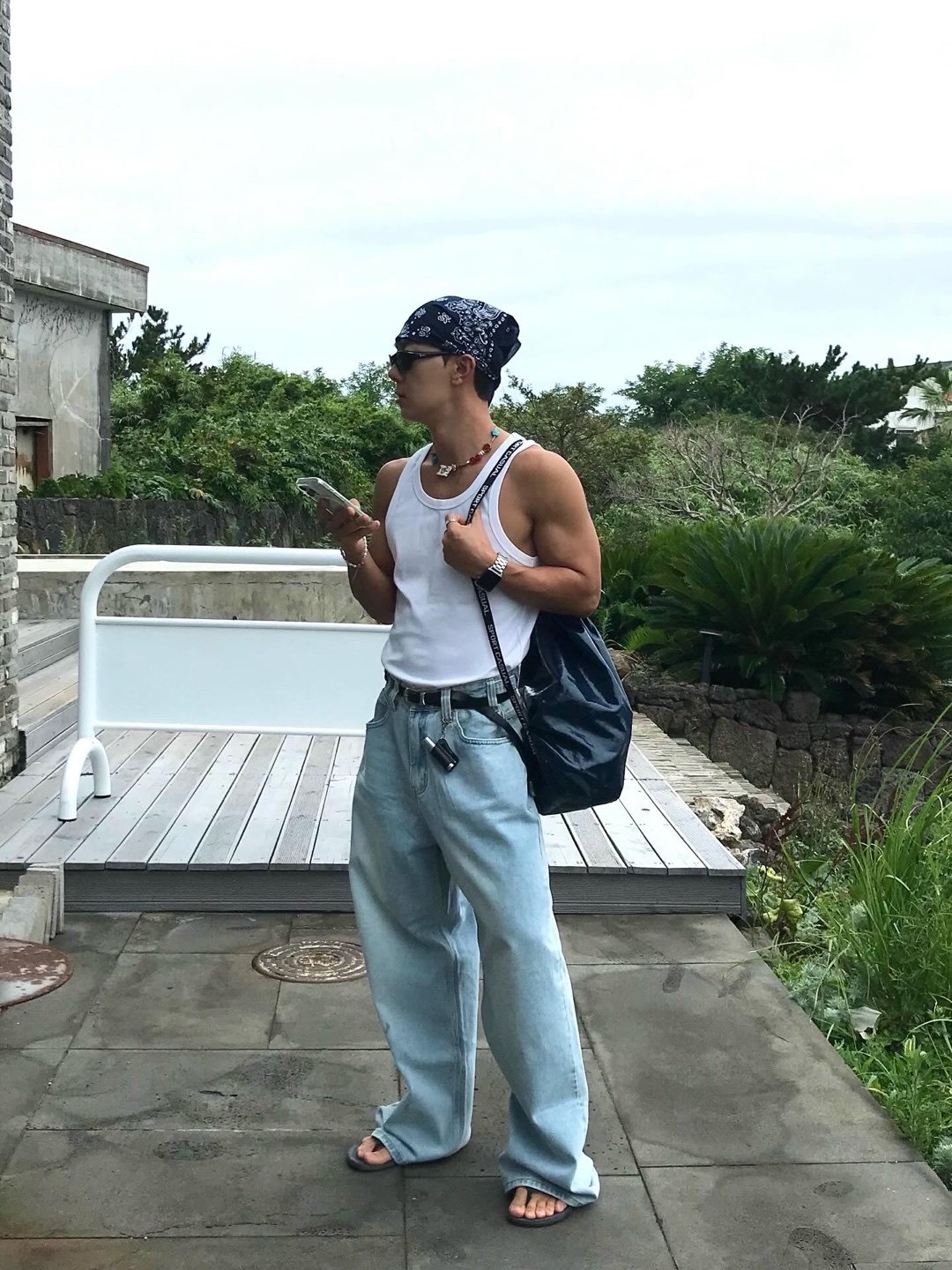 noun Wide Denim Pants Light Blue 착용 스타일 - 3