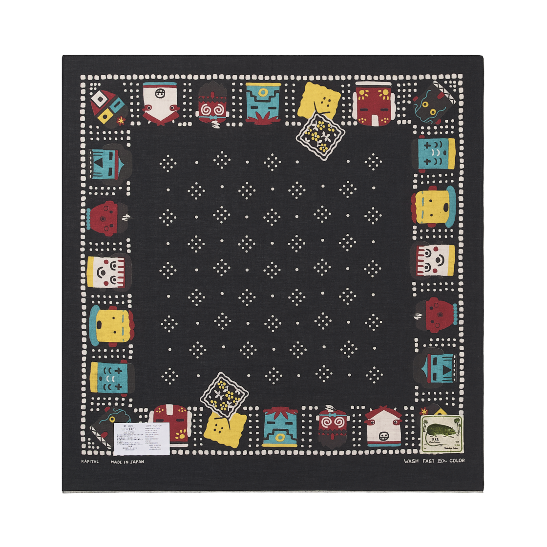 K2503BA511 Kapital Fastcolor Selvedge Bandana Kachina & Peckish Rainbowy Black