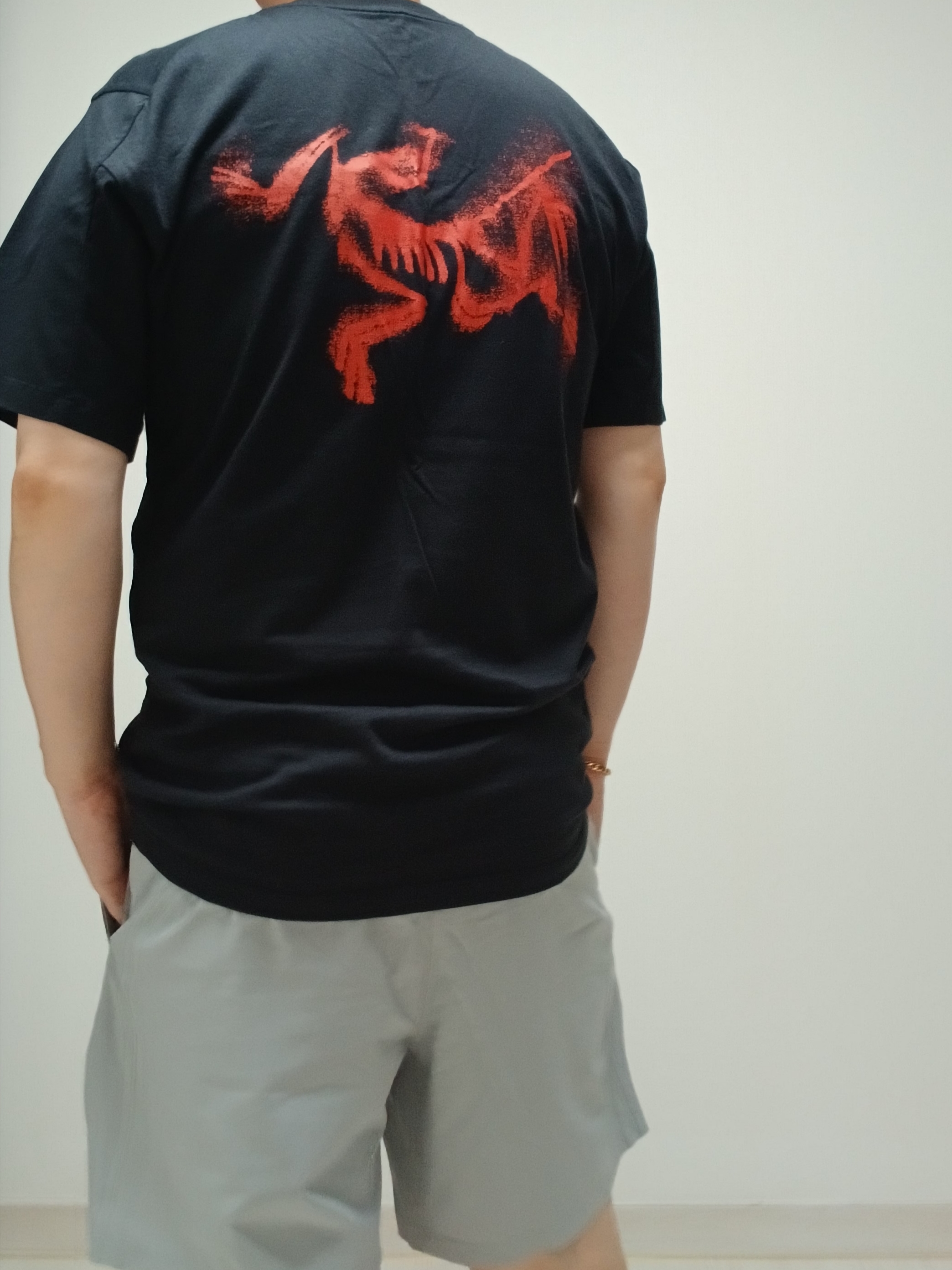 Arc'teryx Kragg SL Cotton Blurred Bird SS T-Shirt Black Dynasty, Lululemon Pace Breaker Linerless Shorts 7 Inch Black 착용 스타일 - 2