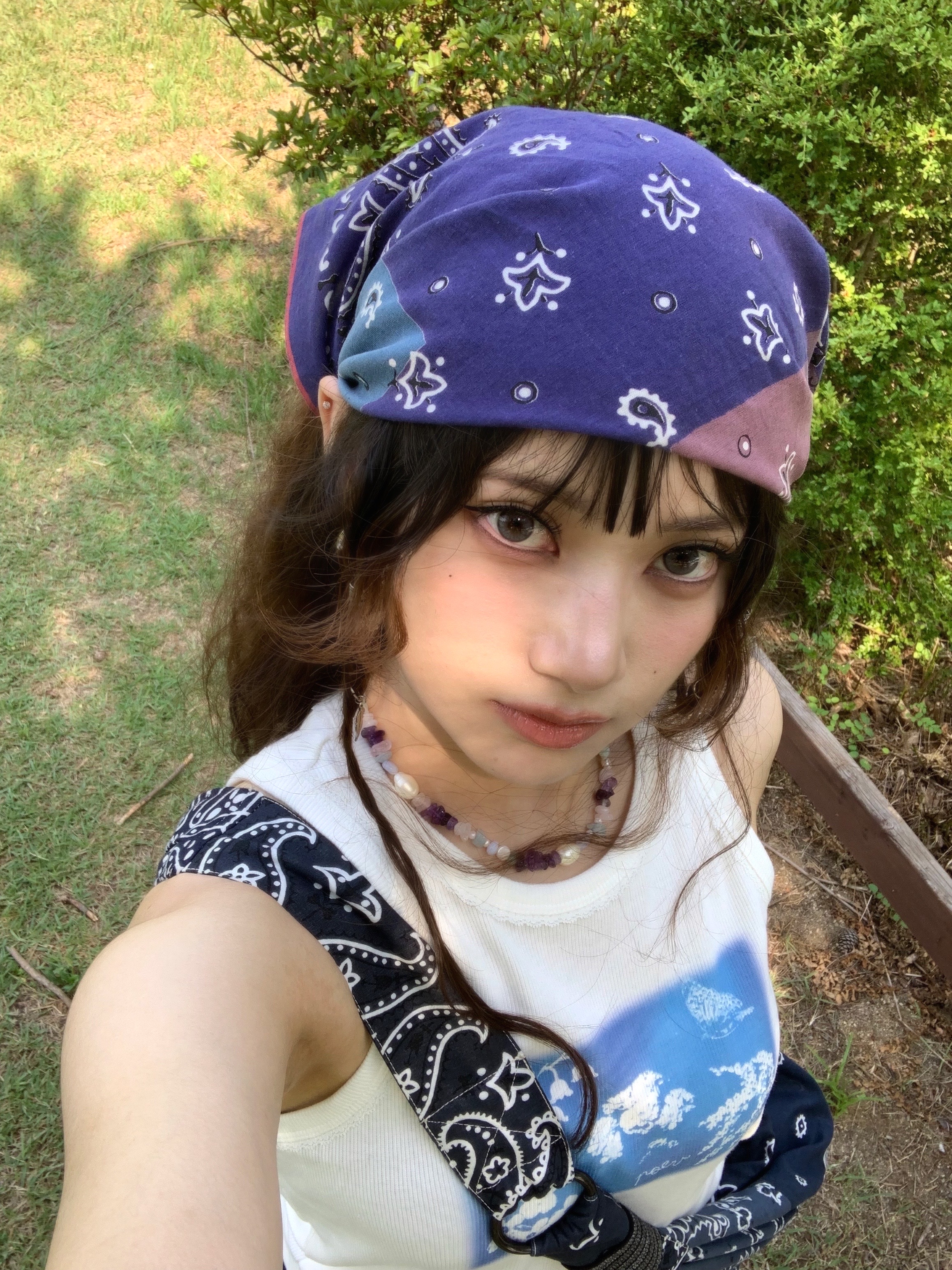 Kapital Gauze Bandana Beach Snuffkin Bag Purple Navy, Kapital Fastcolor Selvedge Bandana Paisley Patchwork Navy 착용 스타일